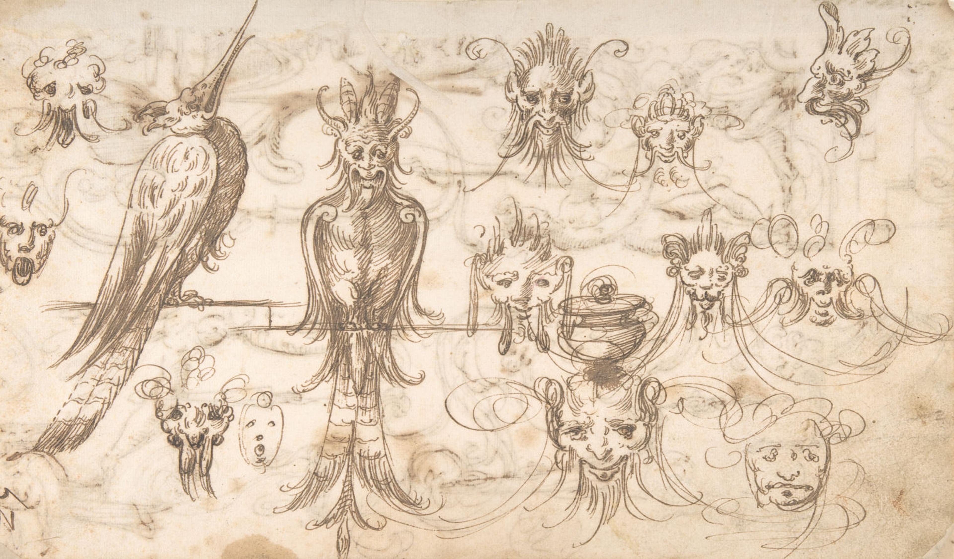 Pen and brown ink bird study featuring human features and horns