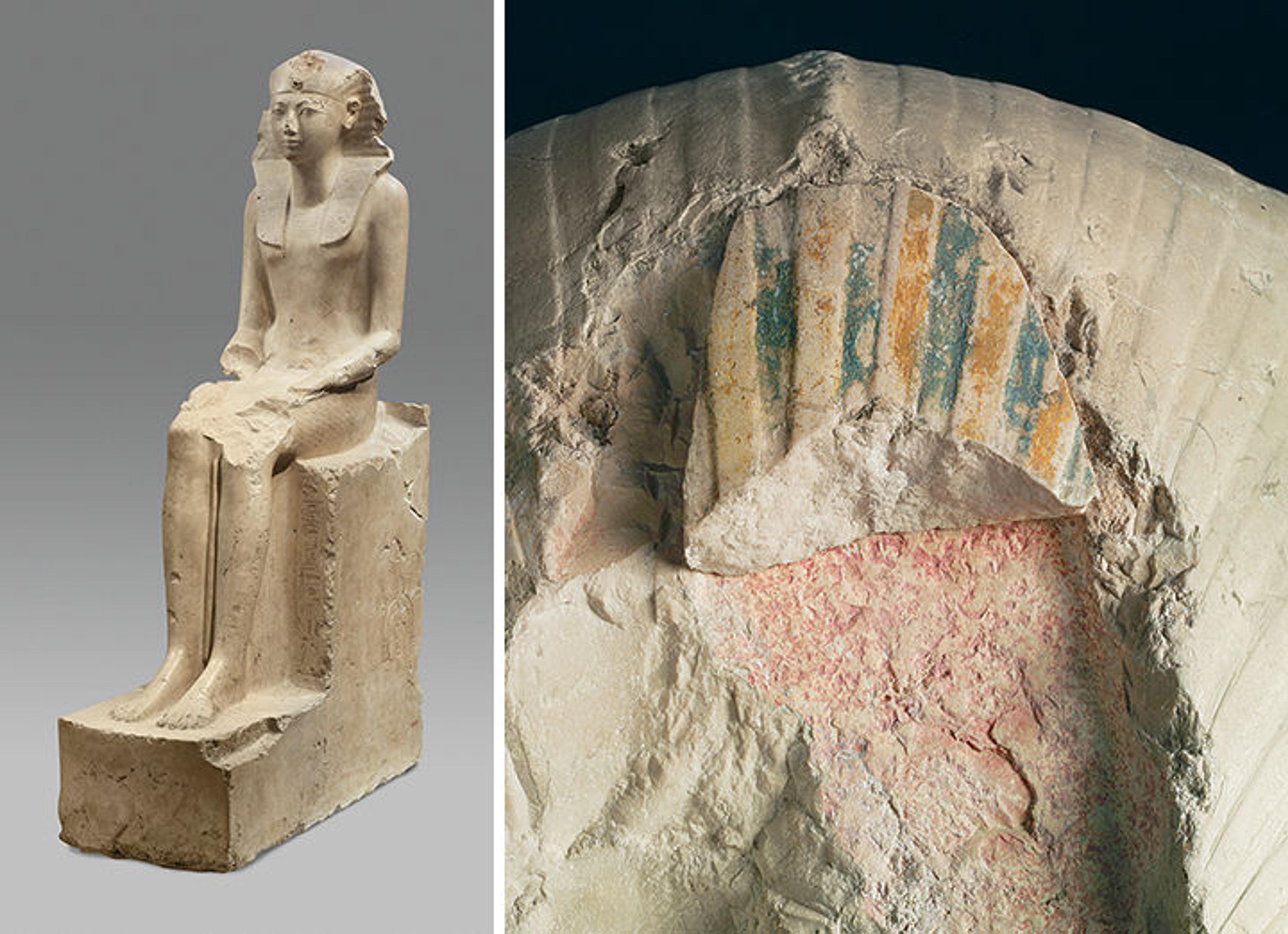 The front and back of a Seated Statue of Hatshepsut from ca. 1479–1458 B.C.