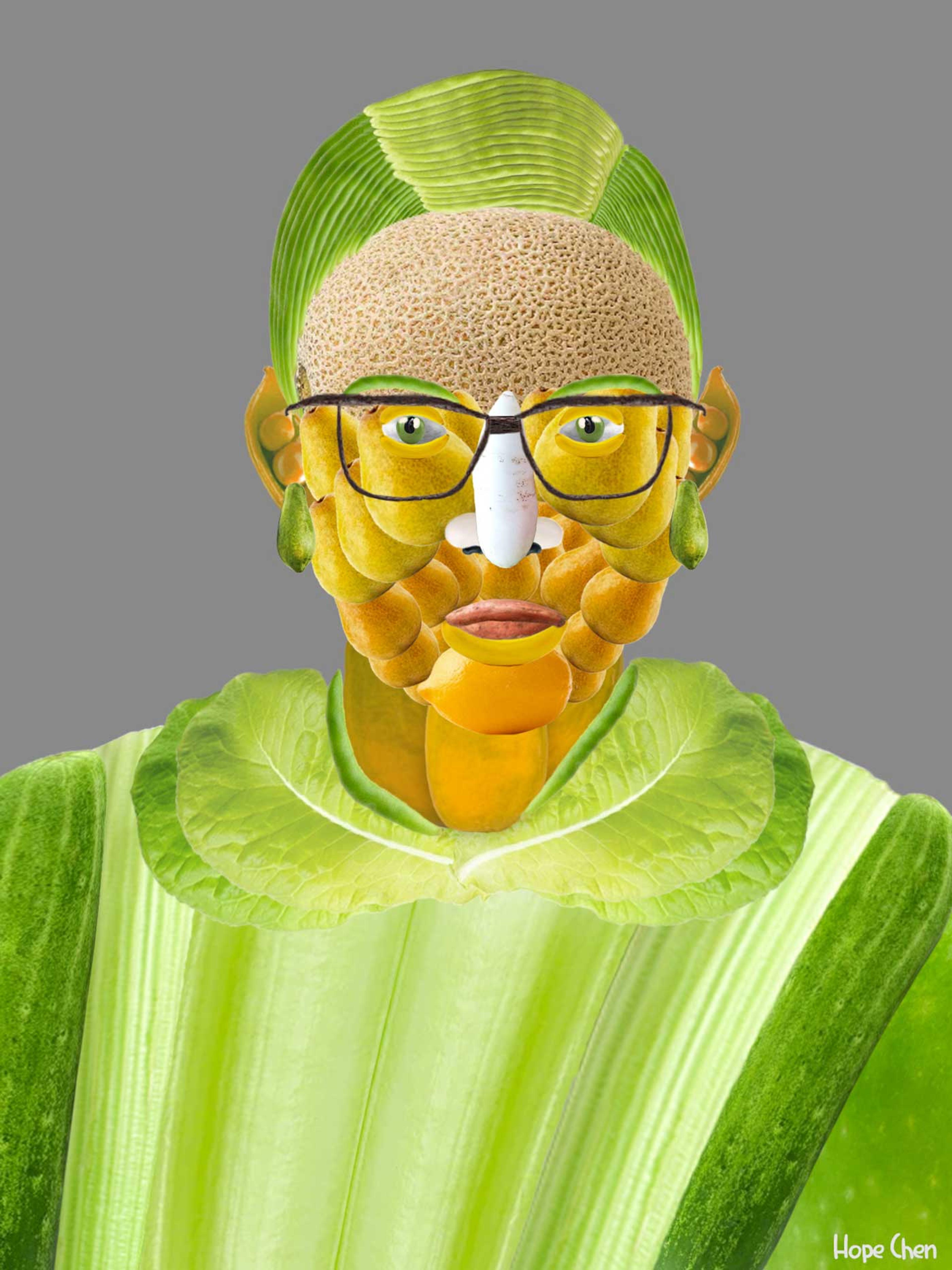 Digital collage of fruits and vegetables put together to form the face of Ruth Bader Ginsburg.