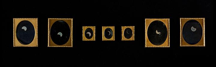 A series of 7 daguerreotype photographs of a total solar eclipse by William and Frederick Langenheim