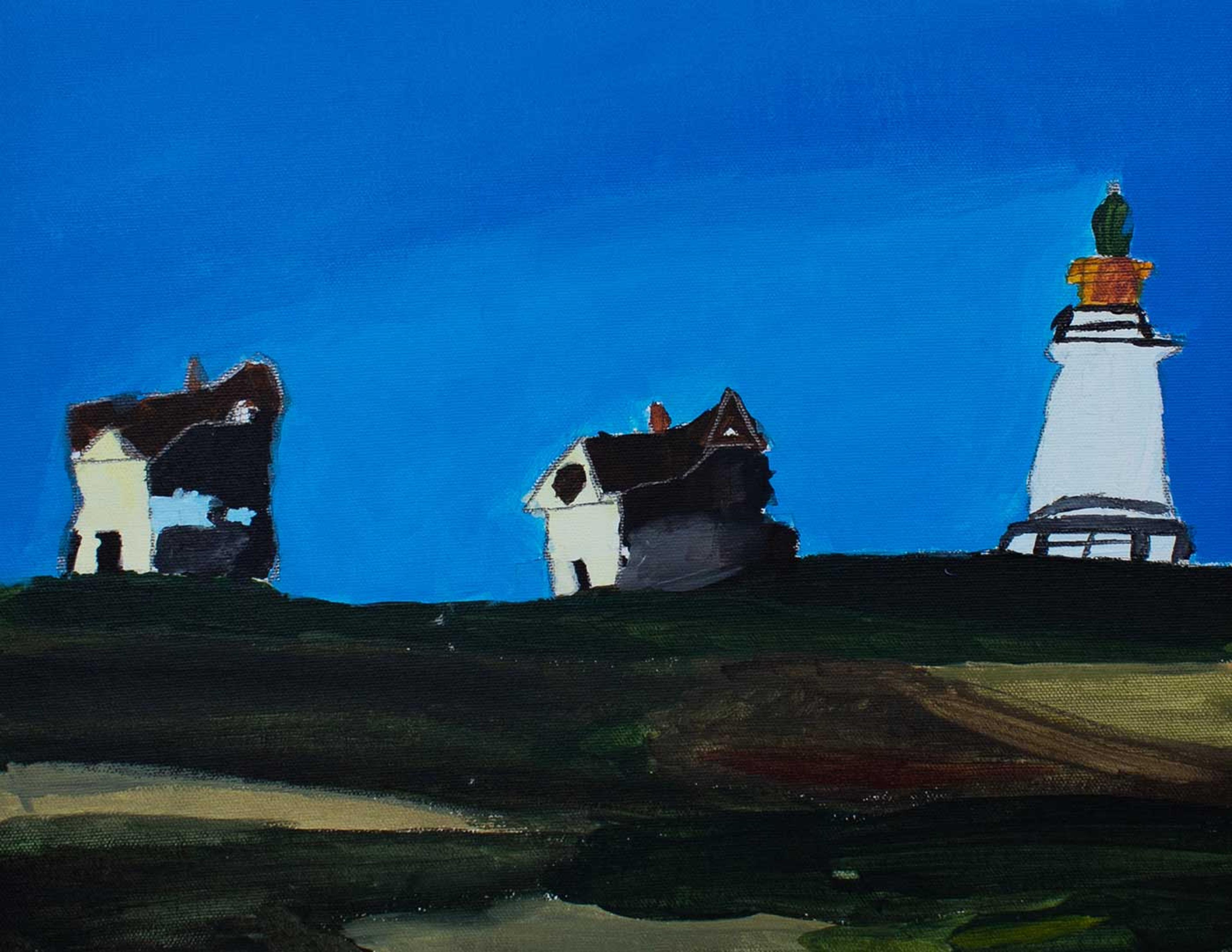 Painting of a field with three structures and a blue background.