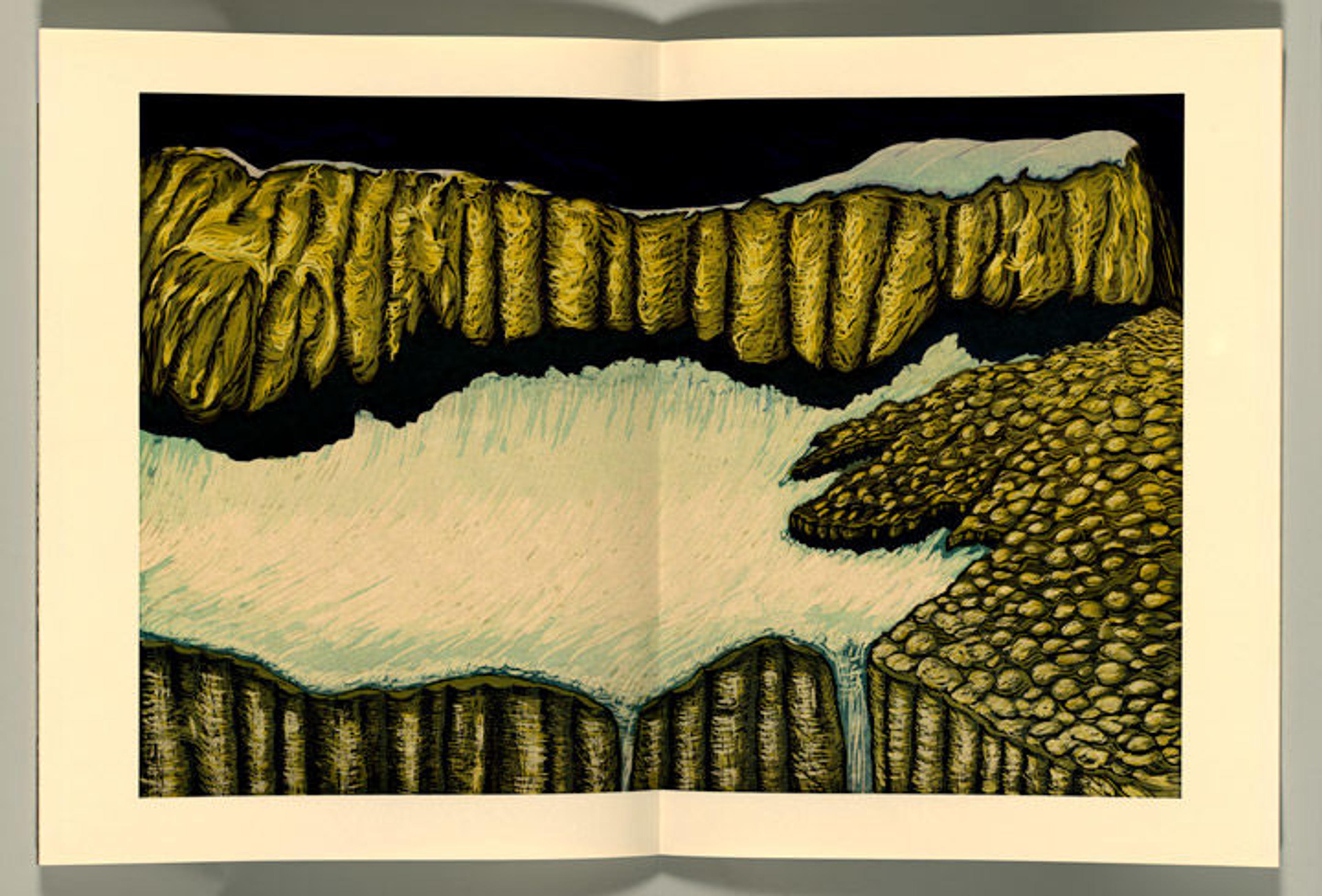 Page spread from Todd Anderson, Bruce Crownover, and Ian van Coller's artist book 'The Last Glacier' showing a woodblock print of a disappearing glacier