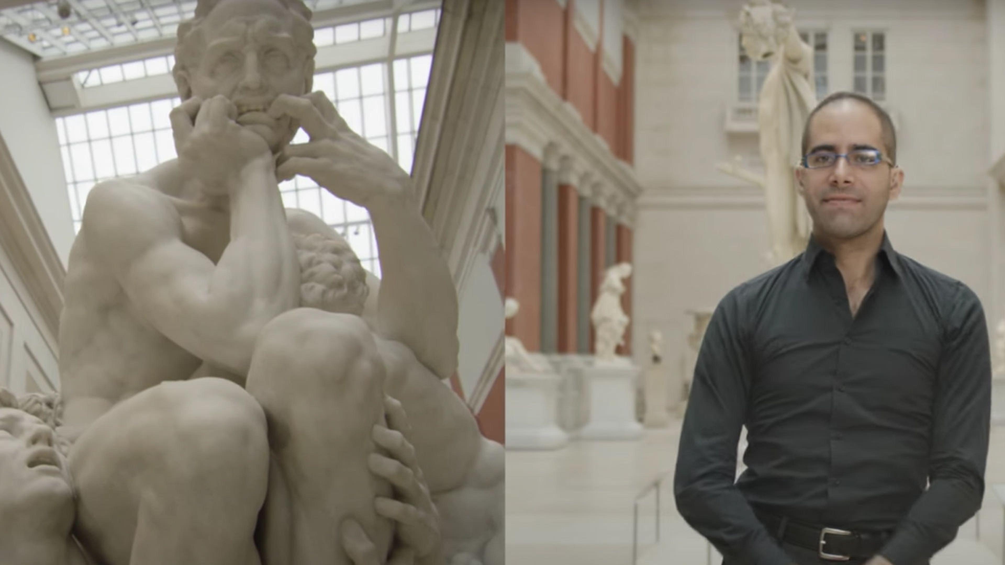 Art Historian and Met educator Emmanuel von Schack appears alongside a detail of the sculpture “Ugolino and His Sons” by Jean-Baptiste Carpeaux 