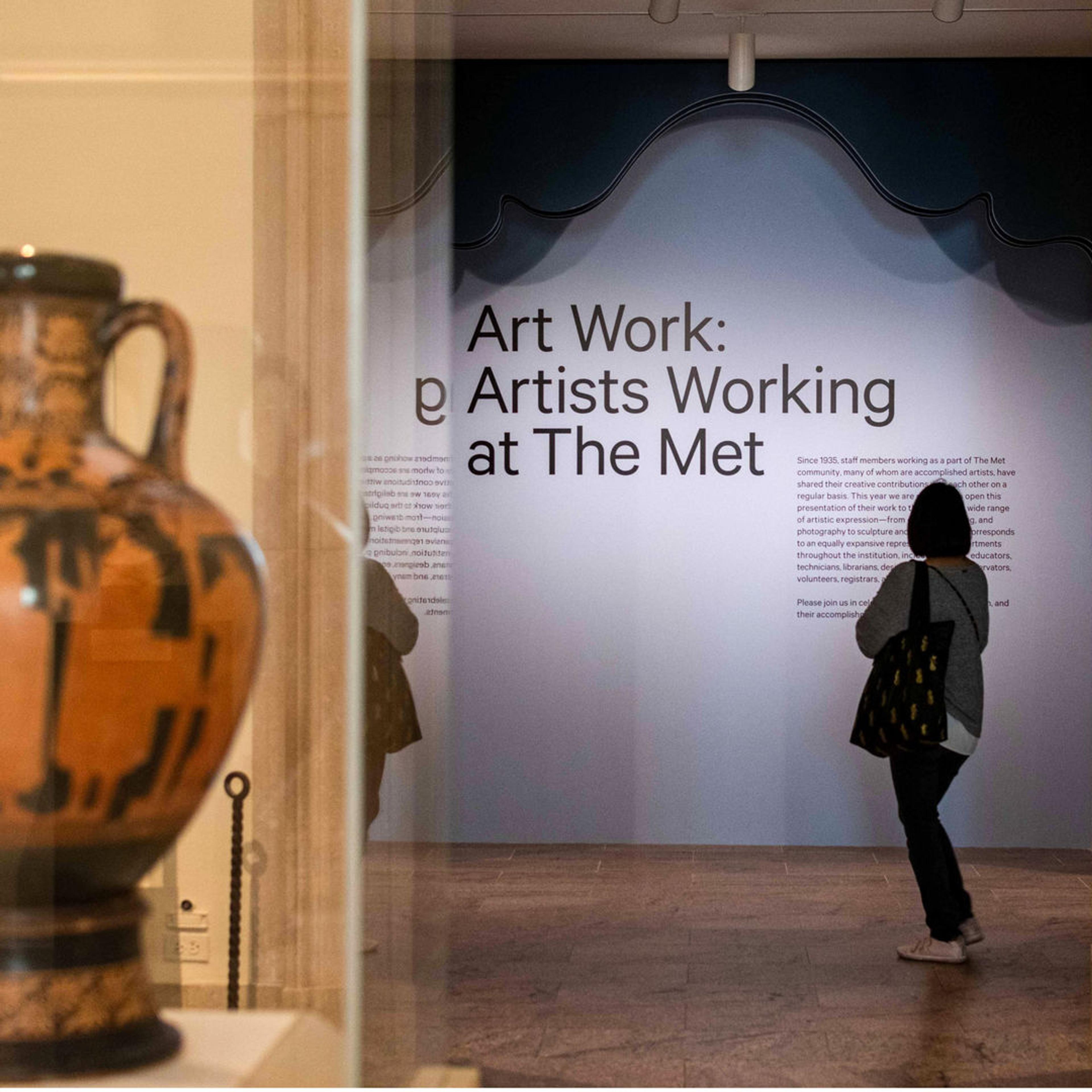 Gallery view with introduction panel of Art Work Artists Working at The Met