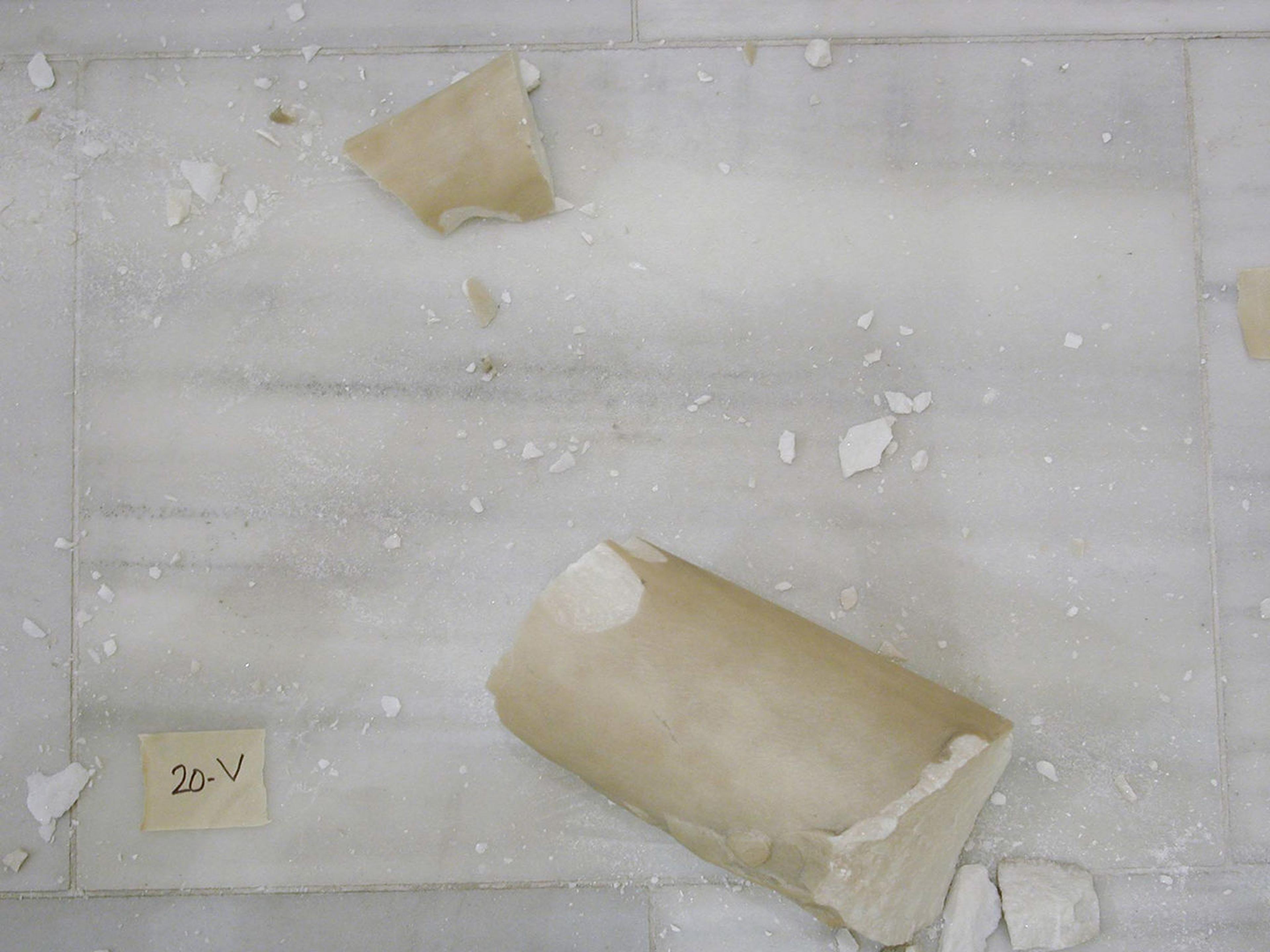 Fragments of Adam against a gray tile floor, labeled with an alphanumeric code.