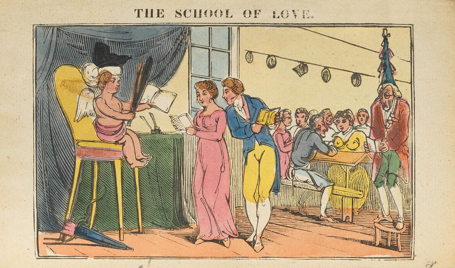 The image shows cupid seated in a high chair, attending to a couple. All three hold open books. Other figures are seated in the background.