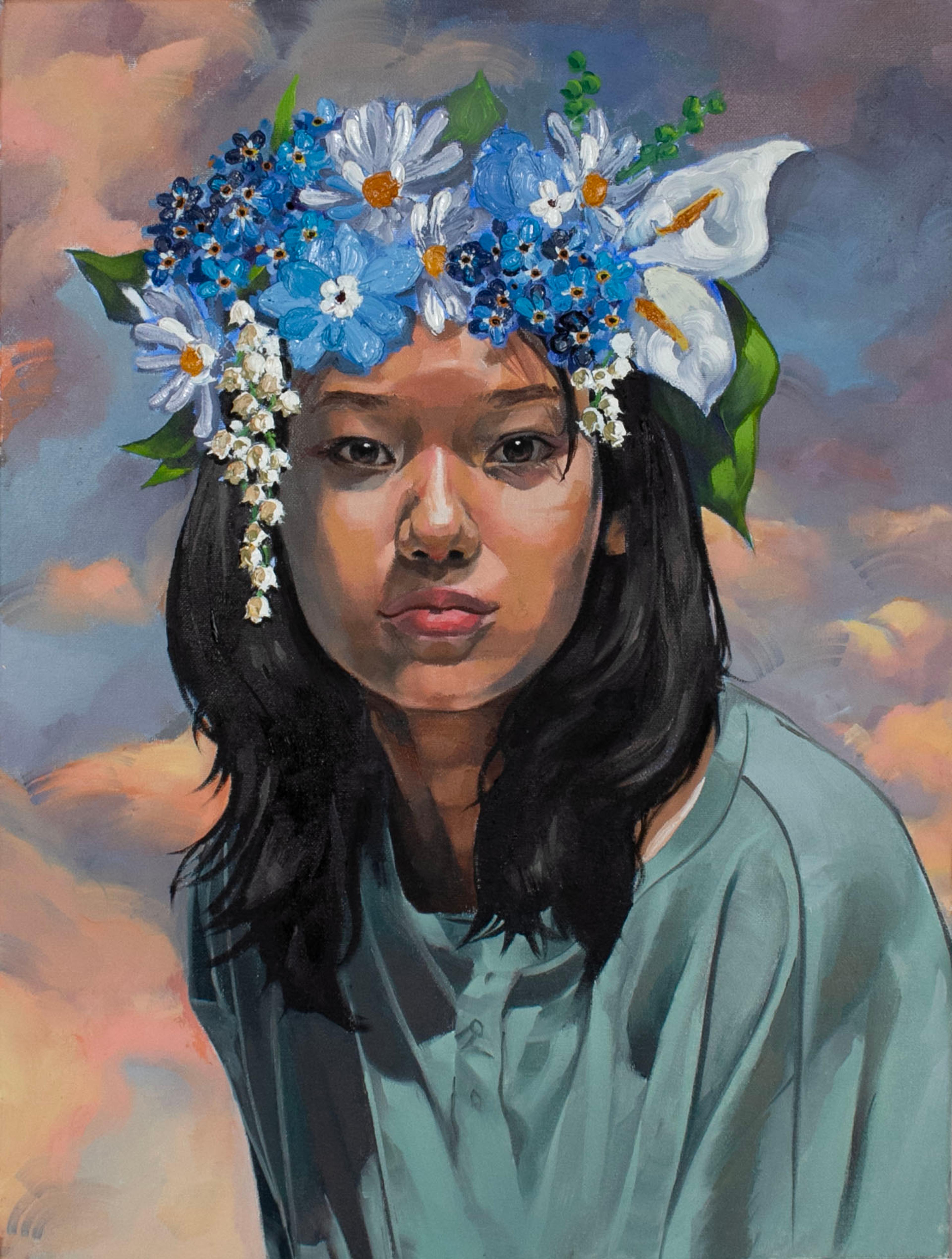 Oil-on-canvas painting of an adolescent girl leaning forward and facing the viewer directly, in front of blue and orange clouds. The girl has dark eyes, long black hair past her shoulders, and wears a decorative wreath with numerous blue and white flowers and green leaves on top of her head. The girl wears a gray-teal shirt, and has a neutral expression on her face.