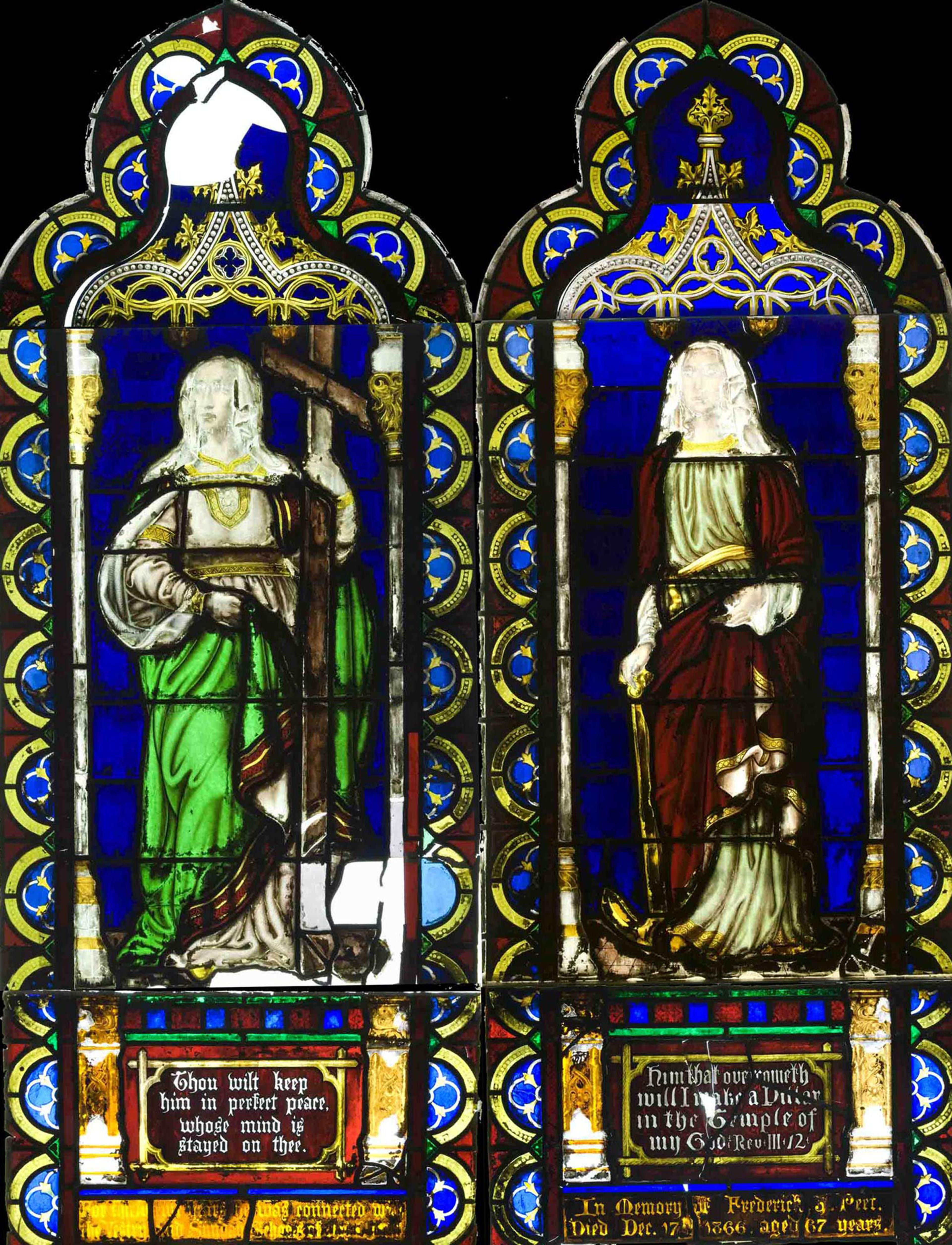 The figures of "Faith and Hope" before conservation treatment.
