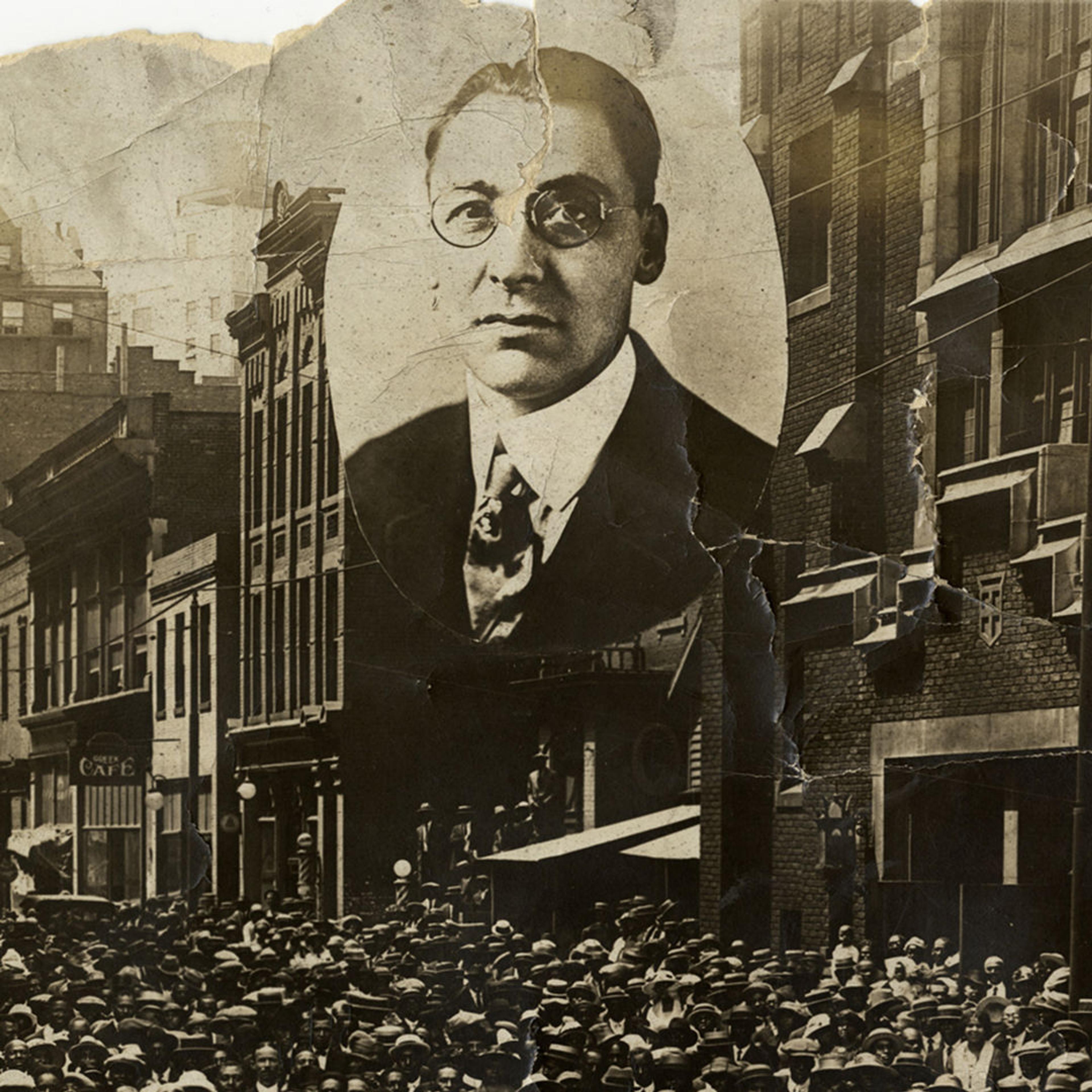 Group portrait of members of the Second Baptist Church in Detroit, Michigan. Congregation poses in front of church building located at 441 Monroe Street; commercial buildings in background. Inset portrait of the Reverend Robert L. Bradby. Handwritten on front: "Second Baptist Church, Aug. 5, 1923. Jackson photo." Stamped on back: "Harvey C. Jackson, photographer. Clifford 6054 M. 2614 Beaubien St., Detroit, Mich. Suitable frames for this photograph in stock or made to order."