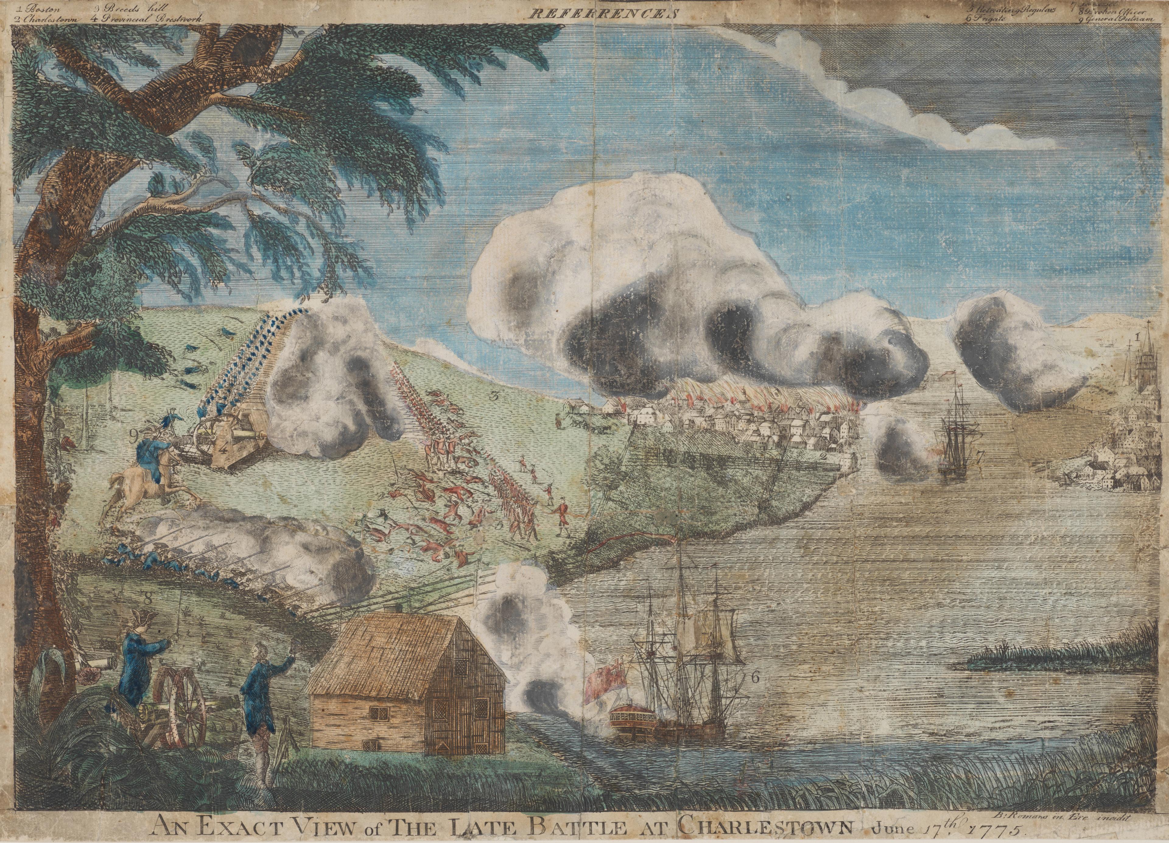 Historical illustration of the Battle of Bunker Hill, showing soldiers fighting on a hillside, smoke from cannon fire, and ships in the harbor under a blue sky.