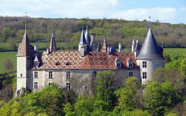 Photo of a French chateau accented with turrets, amidst a bucolic landscape of leafy hills