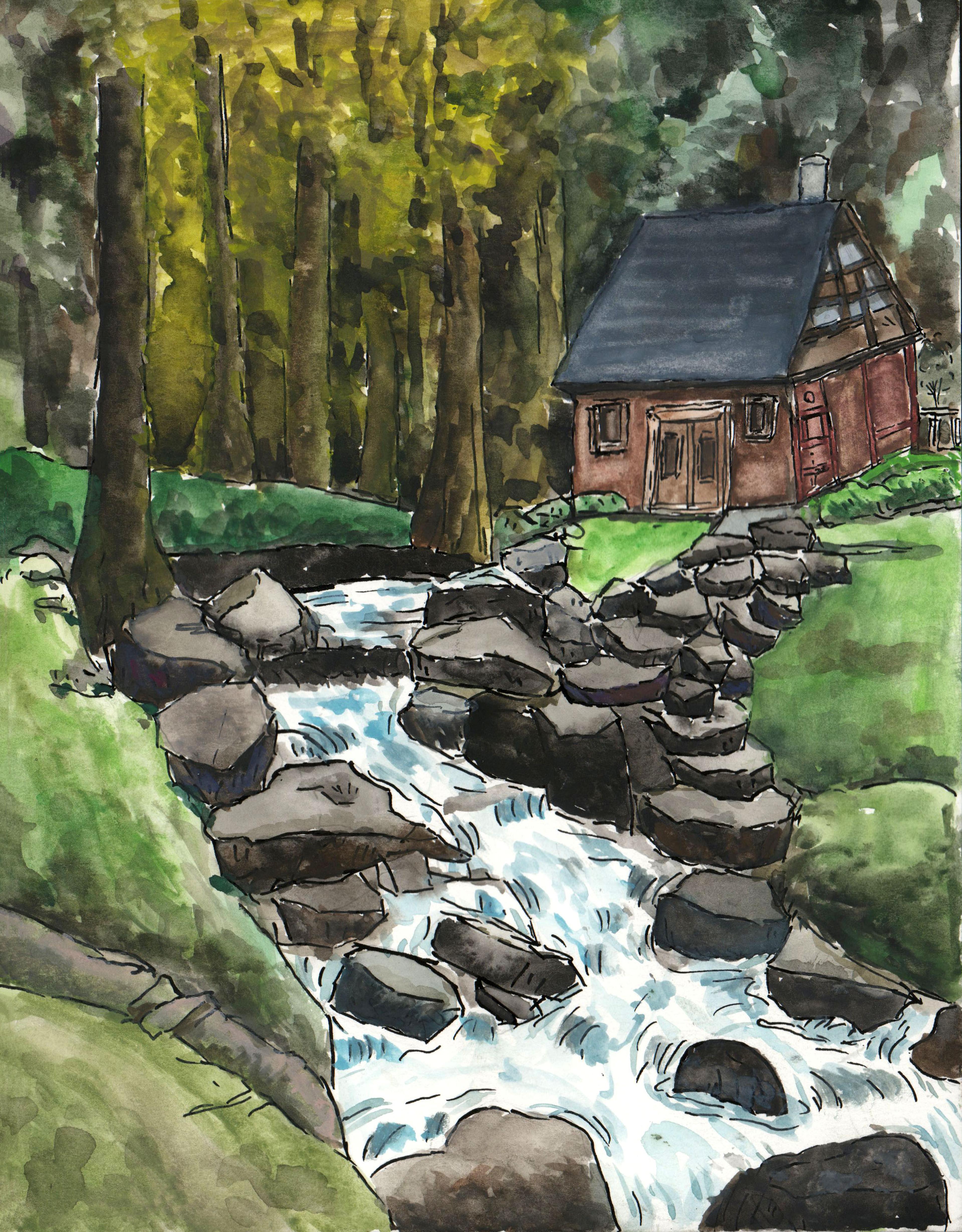 Watercolor-and-pen-and-ink illustration of a rock-strewn stream leading from the foreground to a wooden cabin in the background. The cabin sits on a green perch of grass in front of a canopy of tall trees. A long path of gray rocks leads from the edge of the water to the cabin in the distance.
