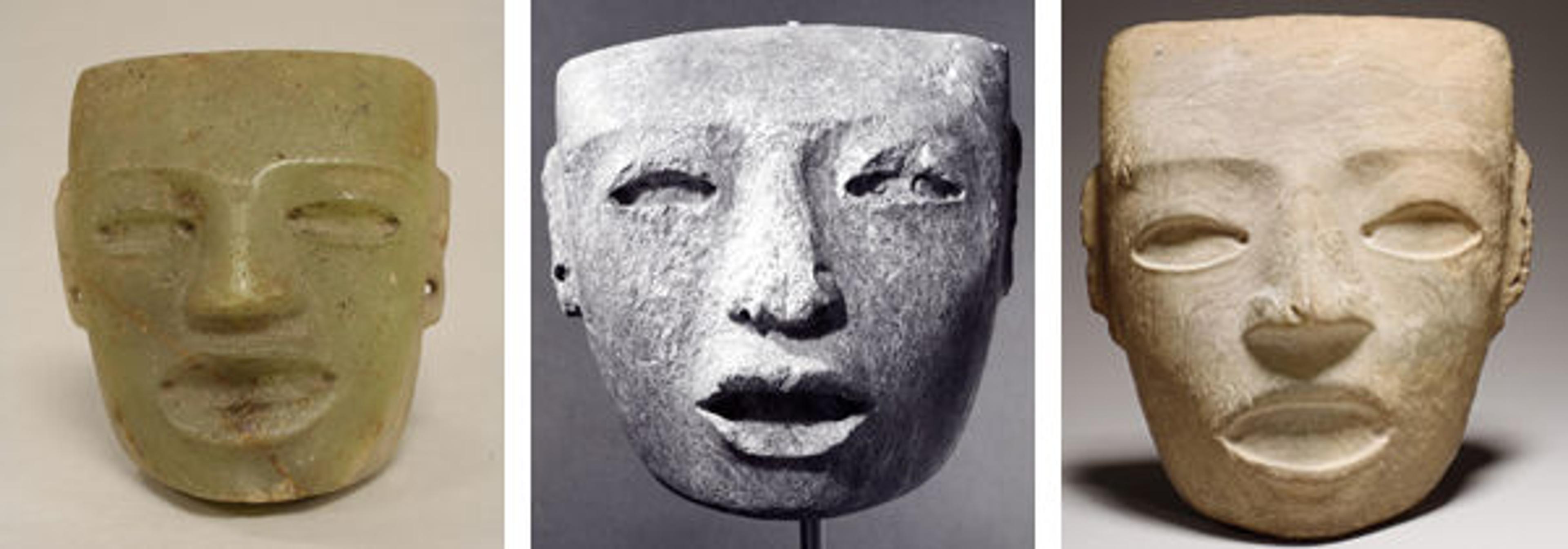 Left: Mask, 4th–8th century | Teotihuacan, Mexico, Mesoamerica | 00.5.1437 | Center: Mask, 3rd–7th century | Teotihuacan, Mexico, Mesoamerica | 1979.206.527 | Right: Mask, 3rd–7th century. Teotihuacan, Mexico, Mesoamerica | 1978.412.198