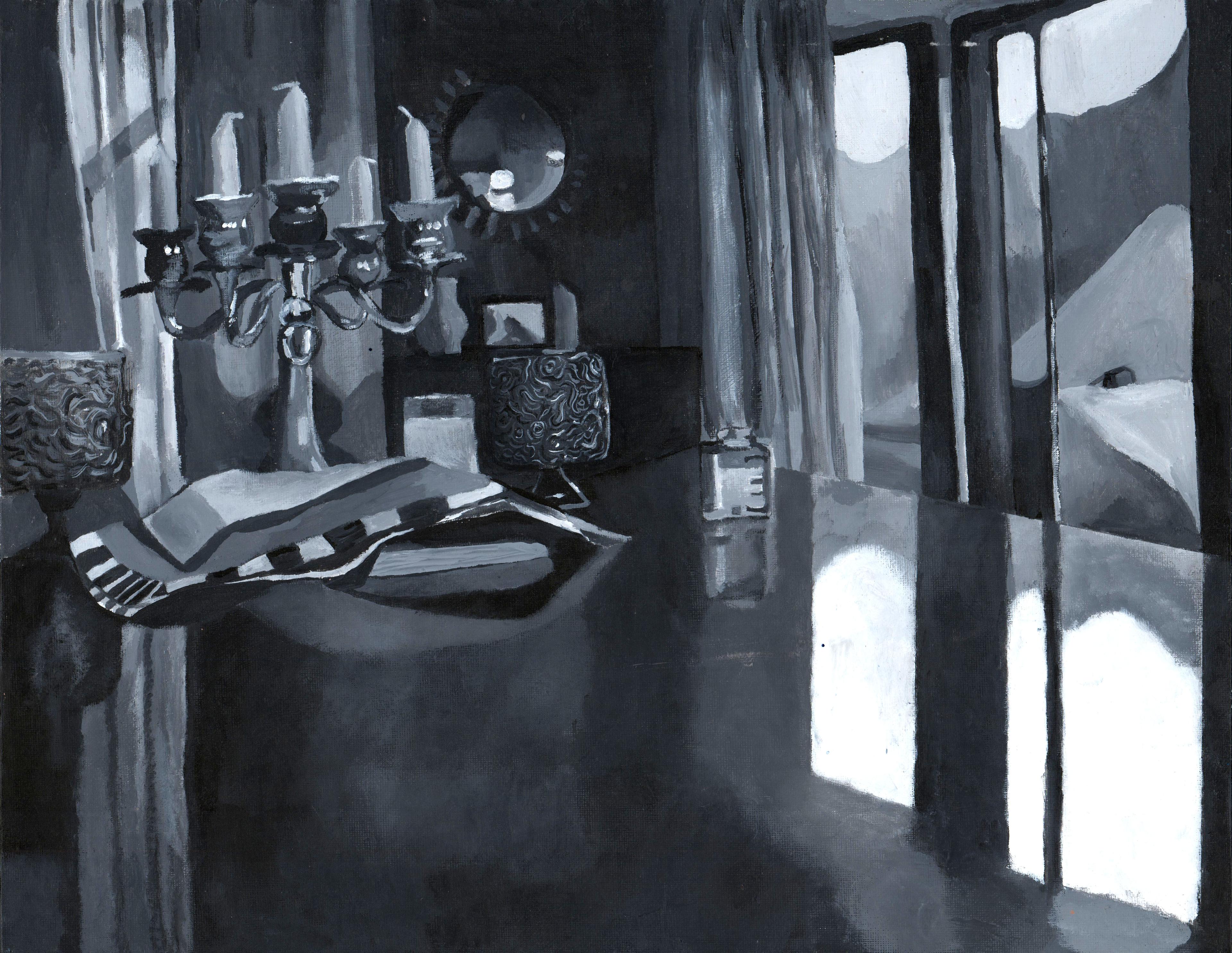 Acrylic blue-and-gray-hued painting of a Shabbat table in a dimly lit room. A folded cloth is draped on the far end of the table that faces the wall, in front of a brass candle holder containing five unlit candles. A few glasses and ornate cups sit on the table around the candle holder. Drapes are pulled back on the wall behind the table to the right, and reflected light from the windows shines on the surface of the table. A round mirror hangs on the wall behind the table to the right, also catching reflections along its surface.
