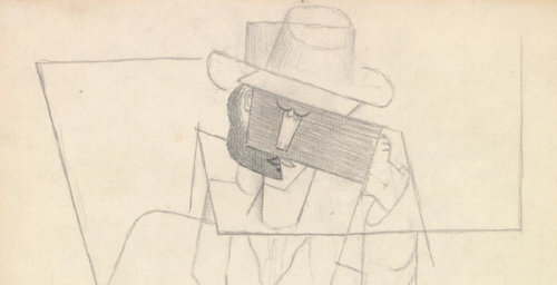 Image for Graphite drawing of a man with a hat leaning on a table with playing cards