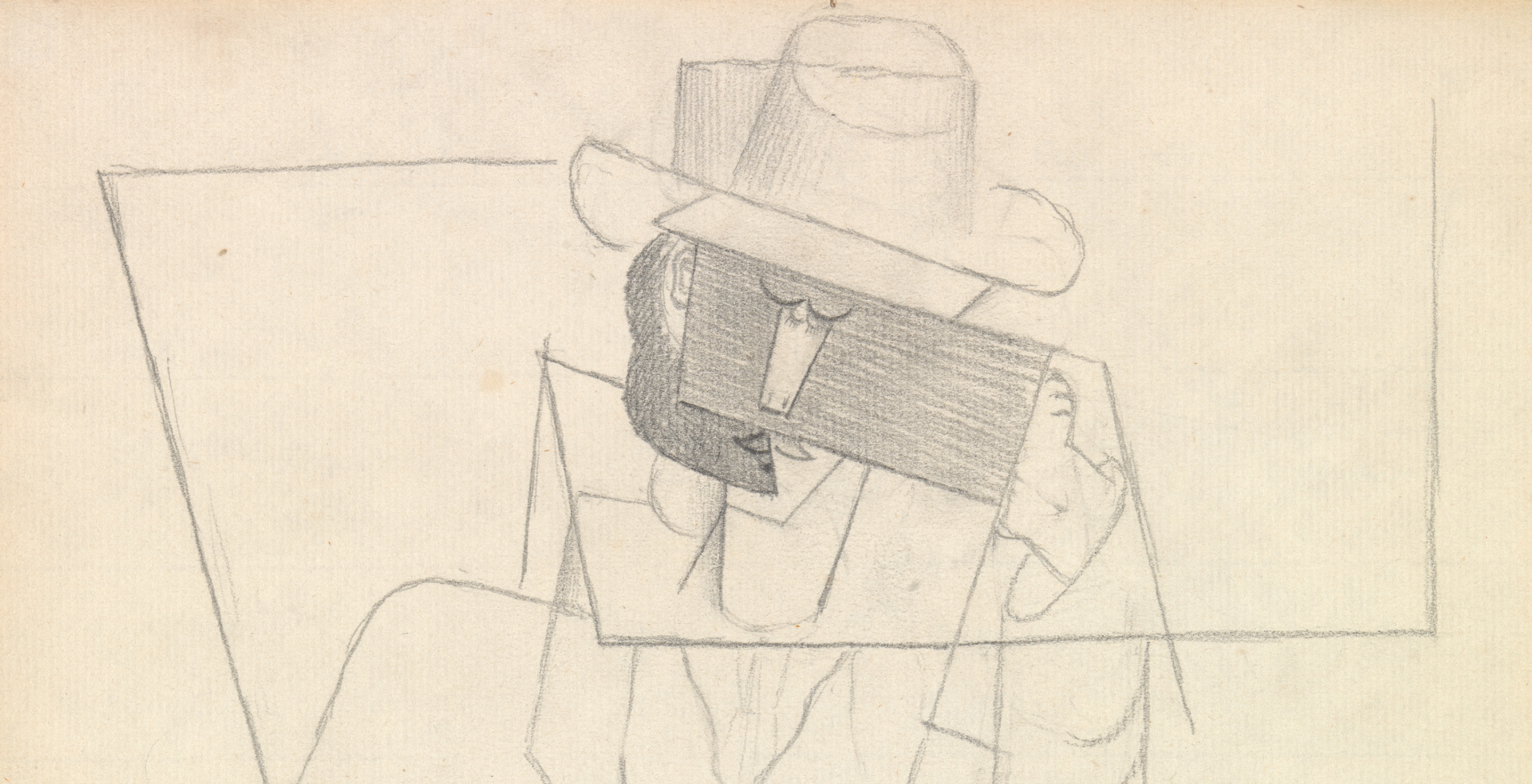 Graphite drawing of a man with a hat leaning on a table with playing cards