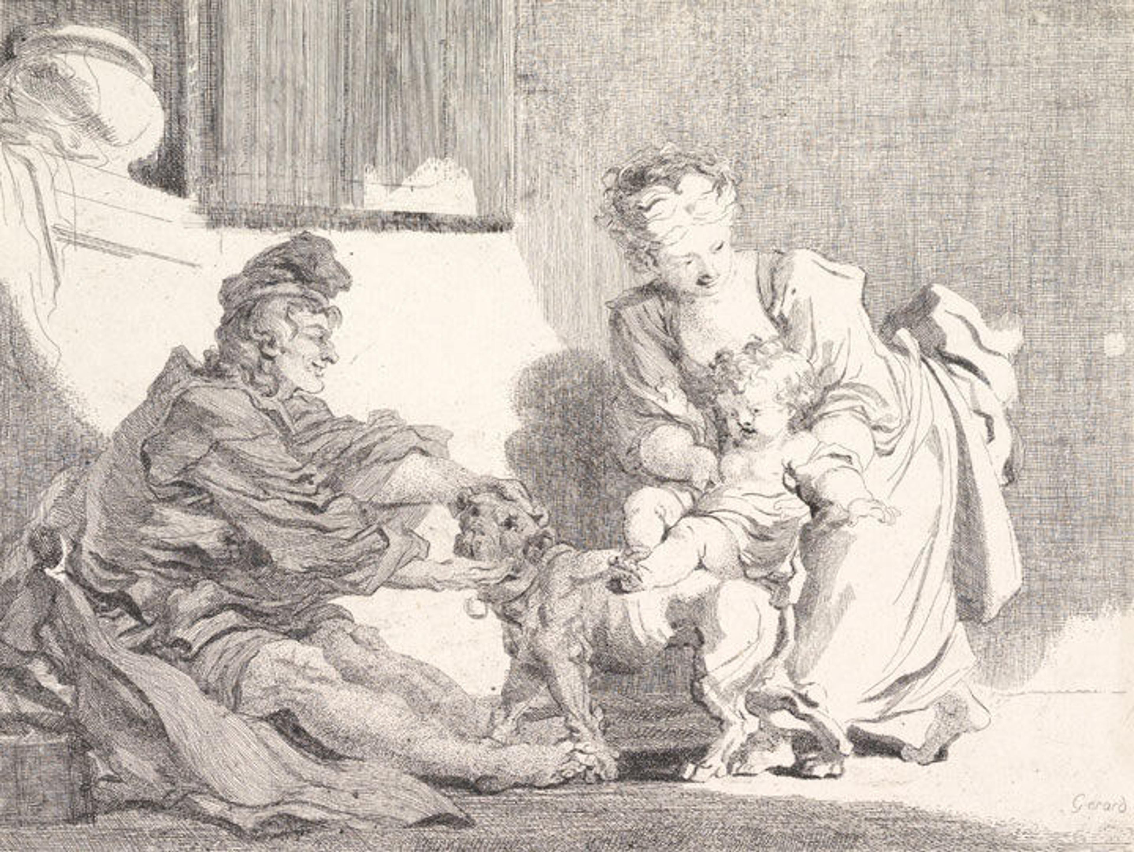 18th-century French etching depicting a mother and father with a baby and a pet bulldog