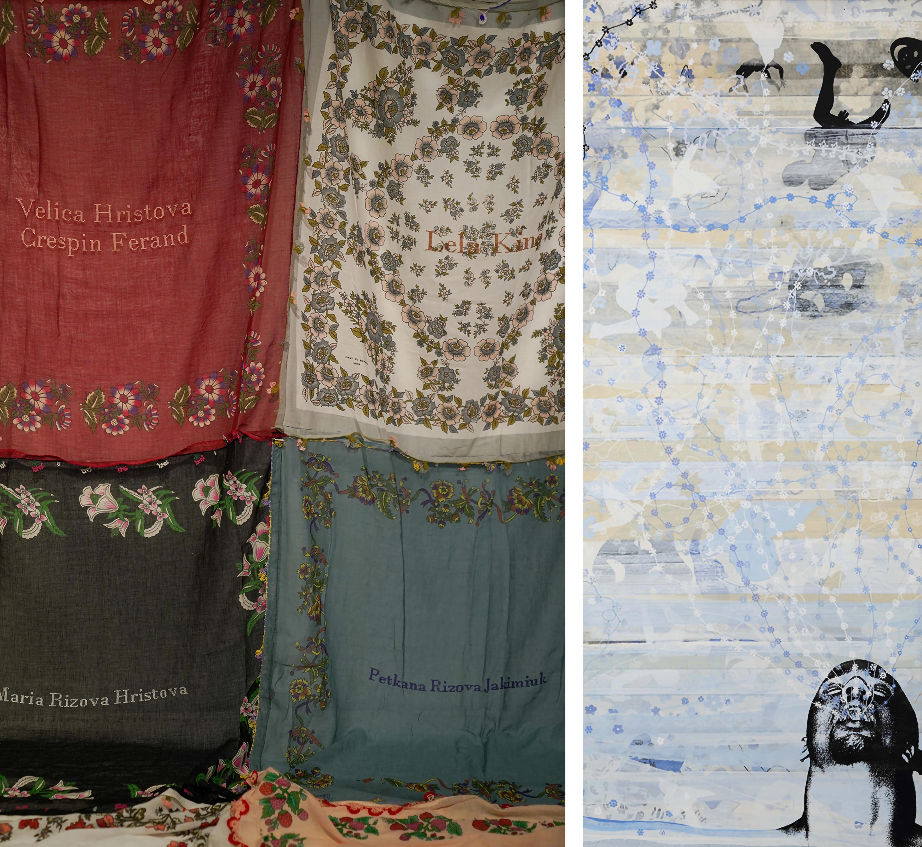 At left, detail photo from an installation with a grid of multicolored Anatolian headscarves. At right, a narrow rectangular artwork with an abstract representation of a figure's exhalation.