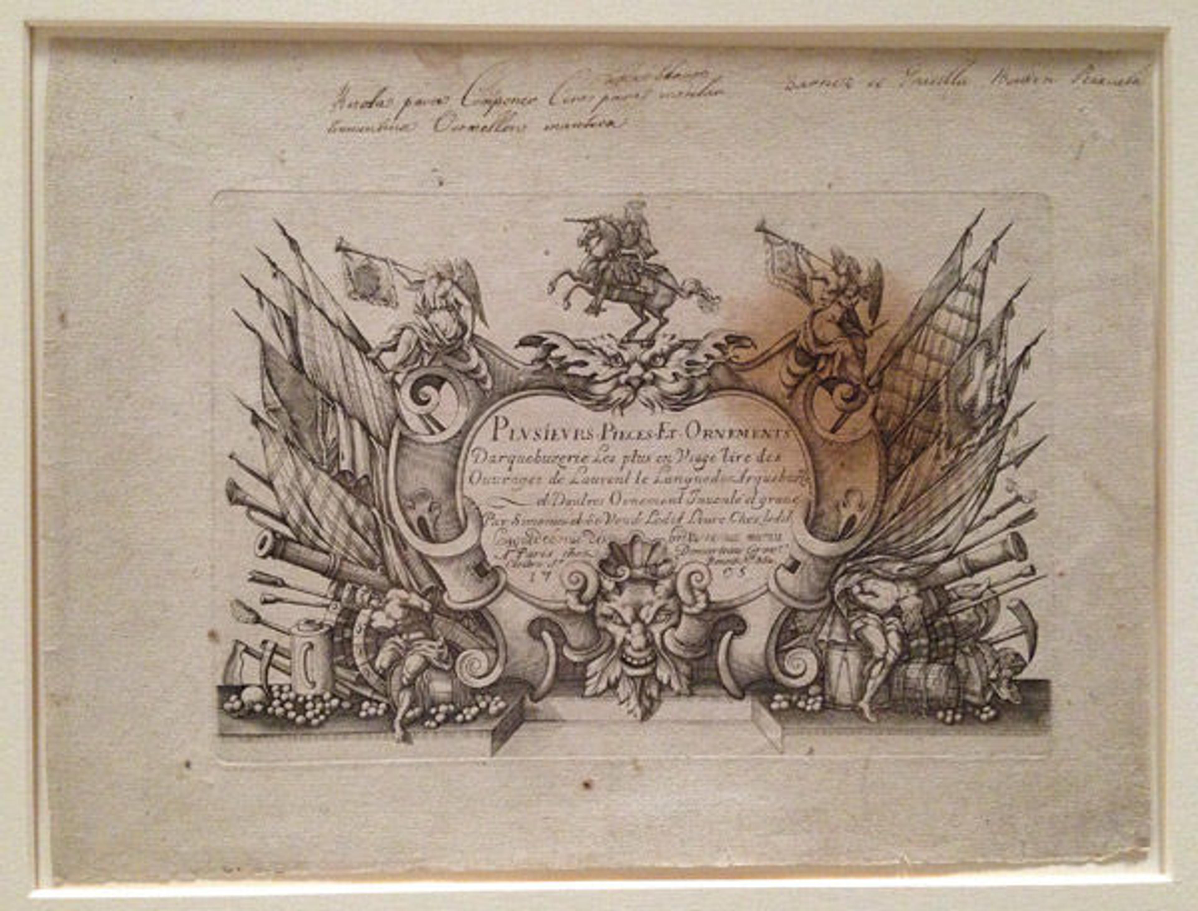 The title page from Plusiers Piéces et Ornements Darquebuzerie (2011.310.1–.13), on display