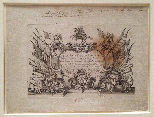 The title page from Plusiers Piéces et Ornements Darquebuzerie (2011.310.1–.13), on display