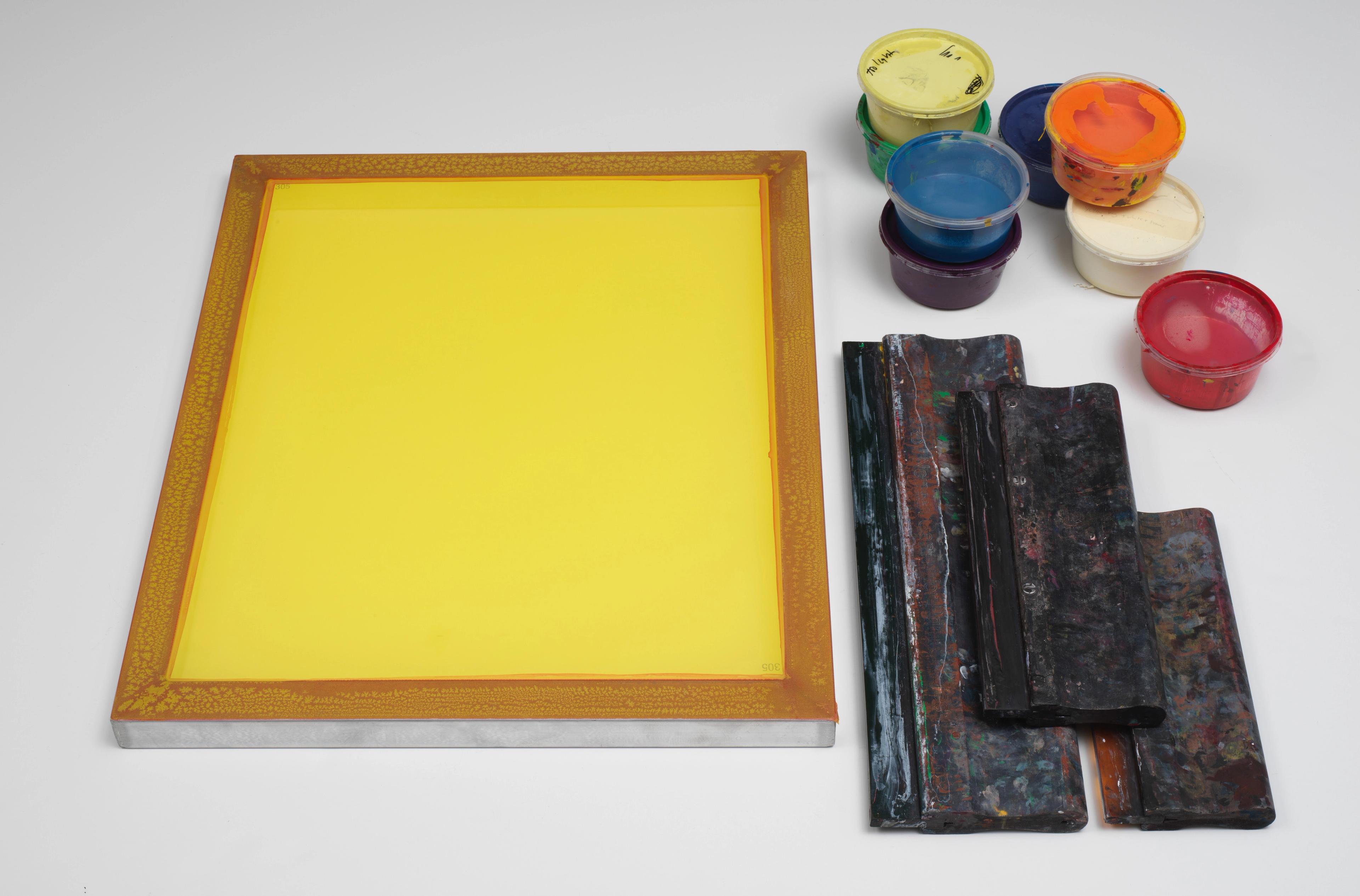 A selection of screenprinting tools including a screen, screen frame, squeegee, and ink.