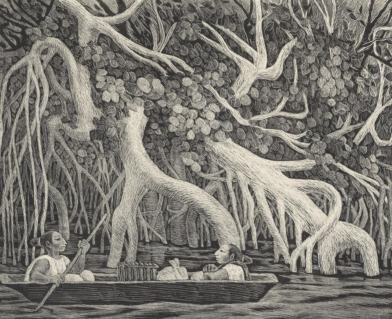 A drawing depicting individuals in a boat navigating a river surrounded by lush trees on either side.