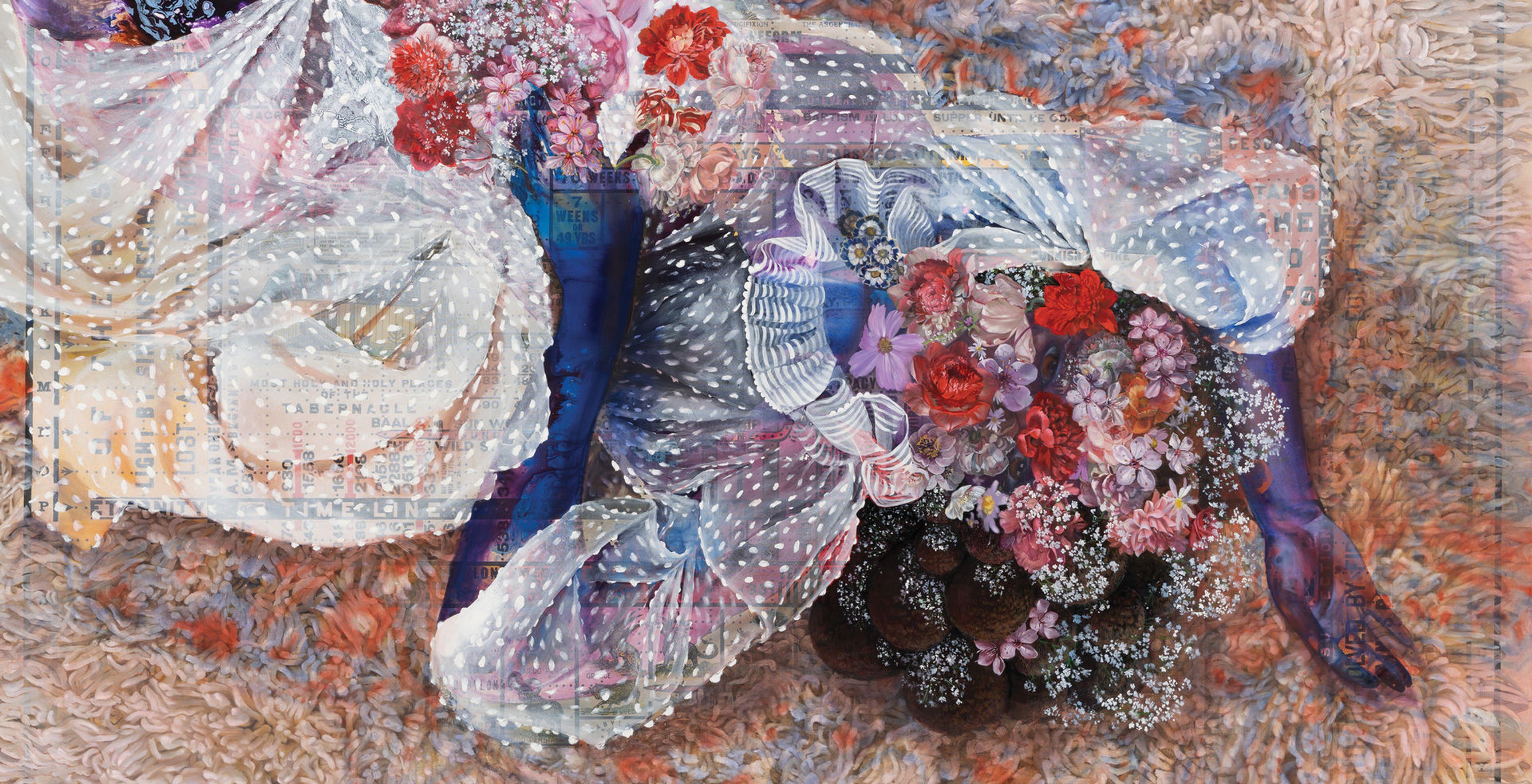 Detail of Firelei Báez’s painting of woman figure camouflaged in an expanse of dense shaggy textures and colors.