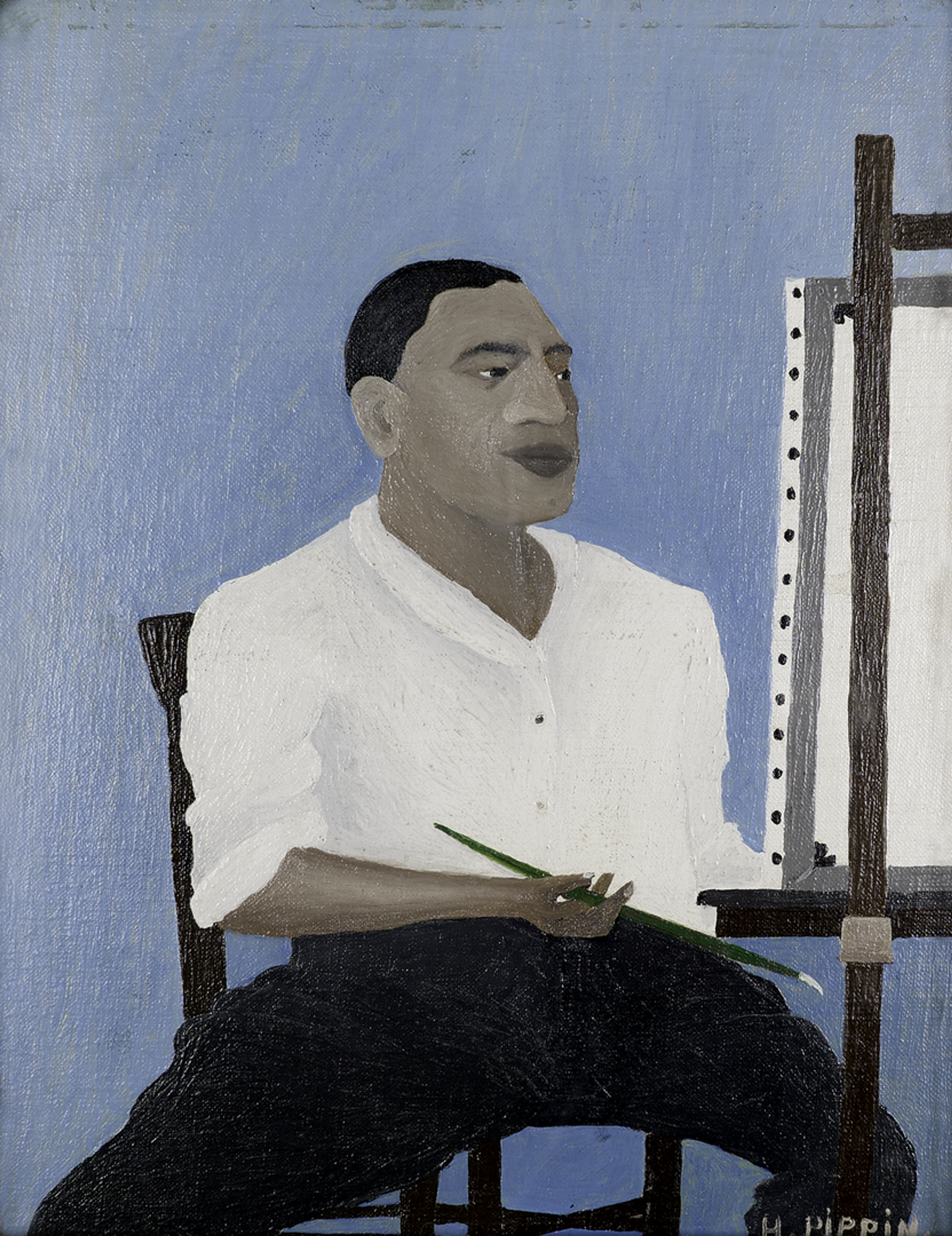 Horace Pippin depicting himself in a self portrait with a light blue background sitting in front of a canvas with his right hand holding a green paintbrush wearing a white shirt and black pants. Pippin portrays his black skin in a grayish tone with dark black hair.