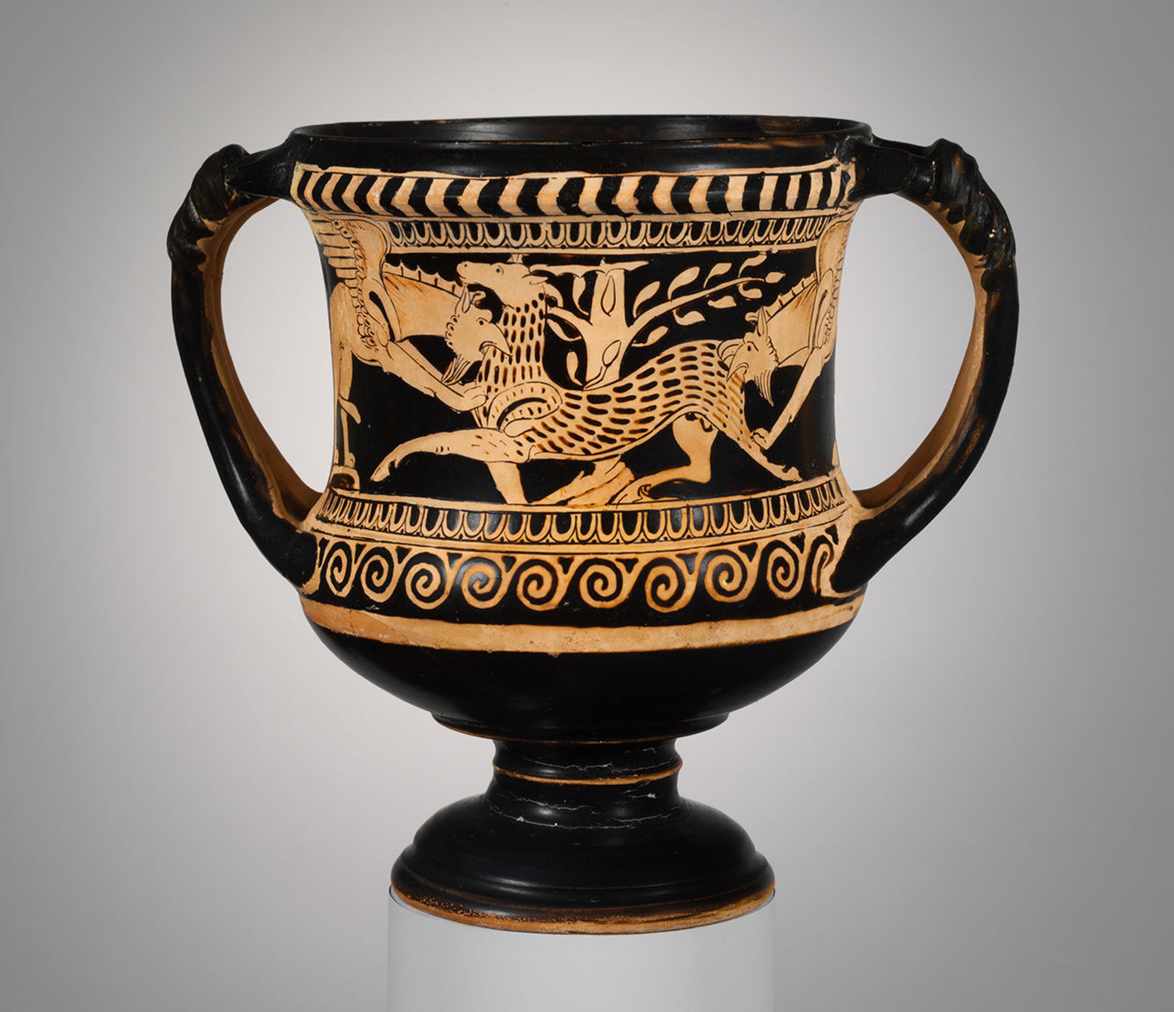 Black terracotta cup with a scene of griffins attacking a deer in red.