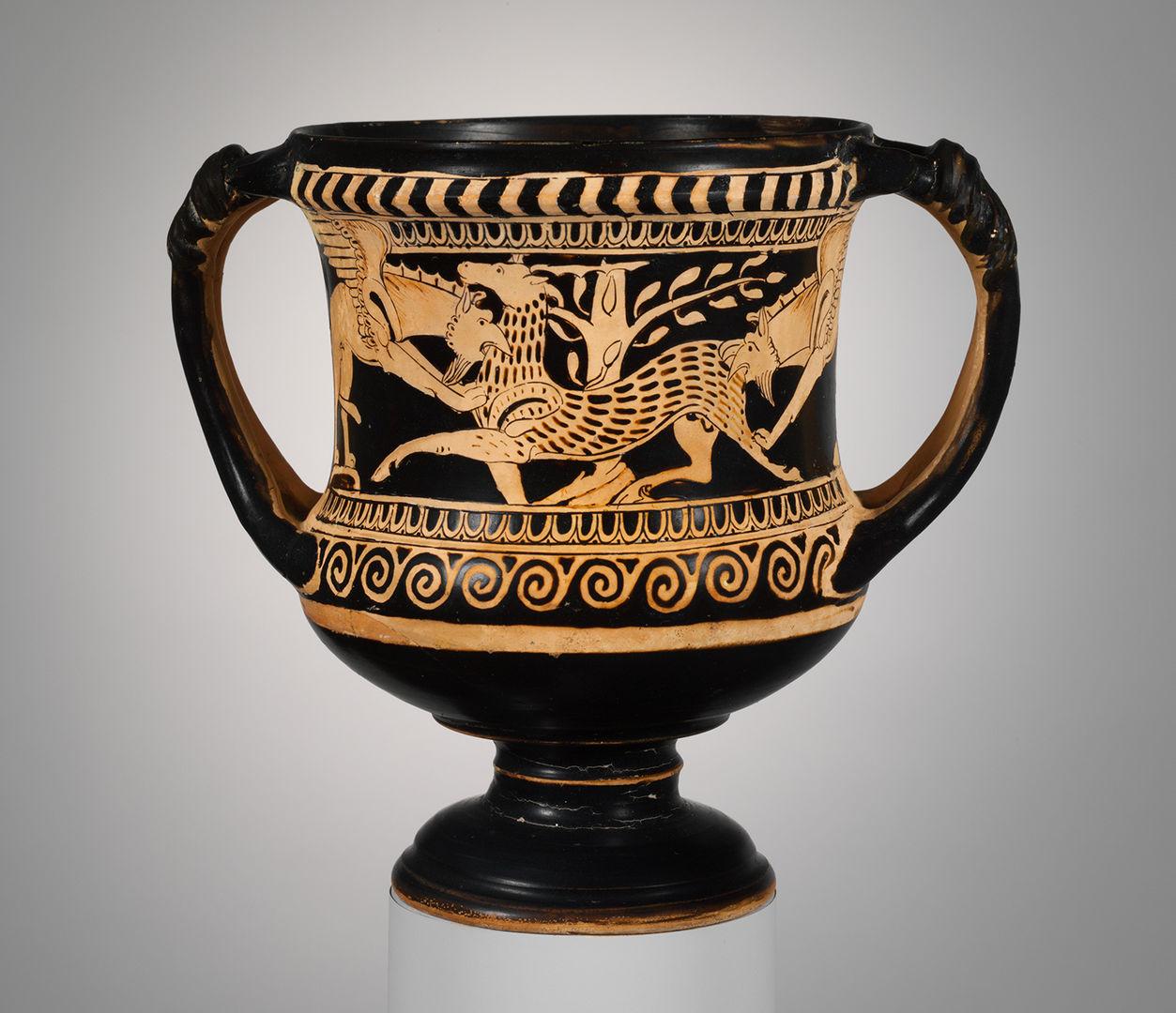 Black terracotta cup with a scene of griffins attacking a deer in red.