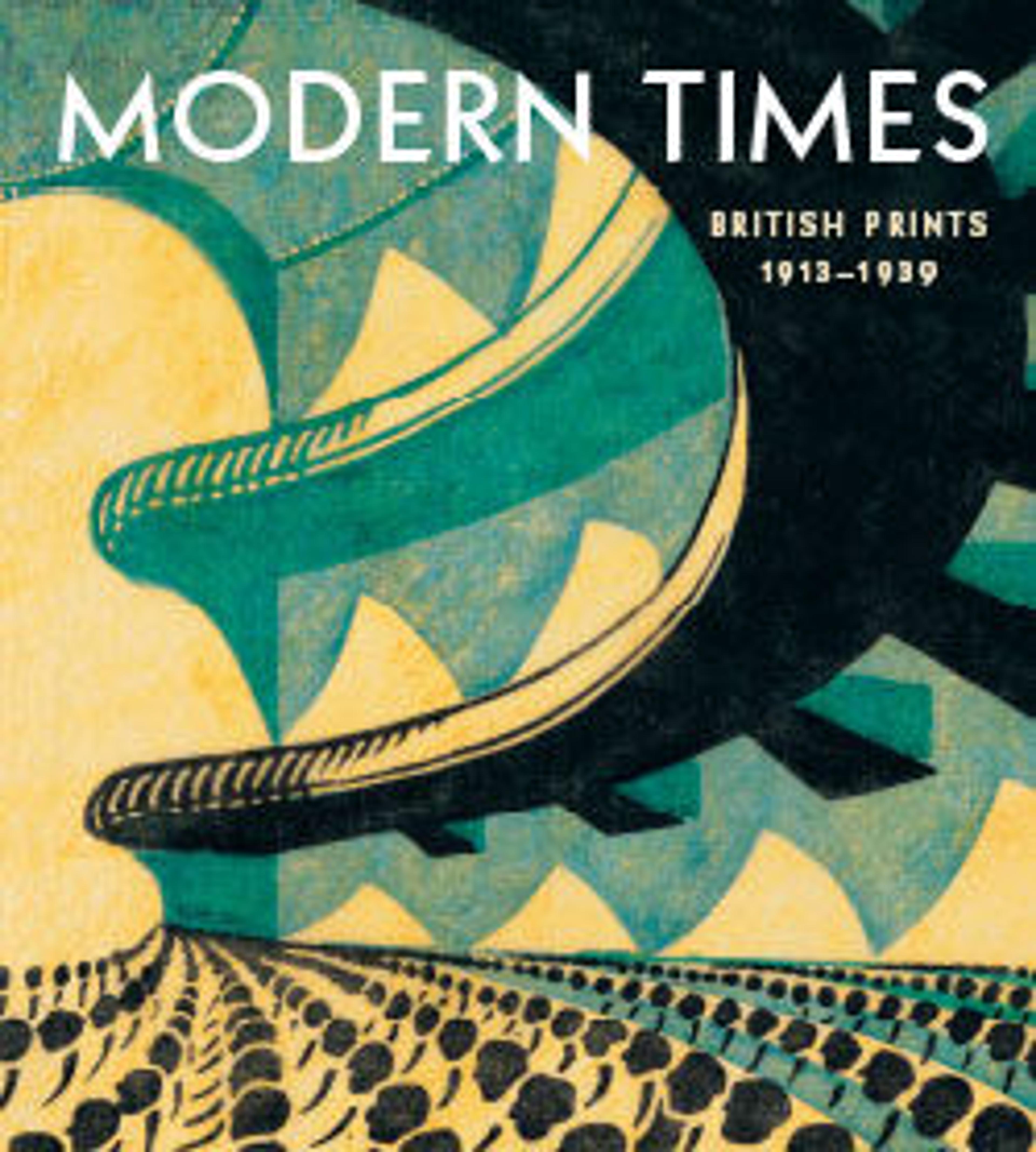 an somewhat abstract print of the inside of a large auditorium with many rows of audience members on the orchestra level and several balconies above, with the words "Modern Times: British Prints, 1919–1939" in white across the top