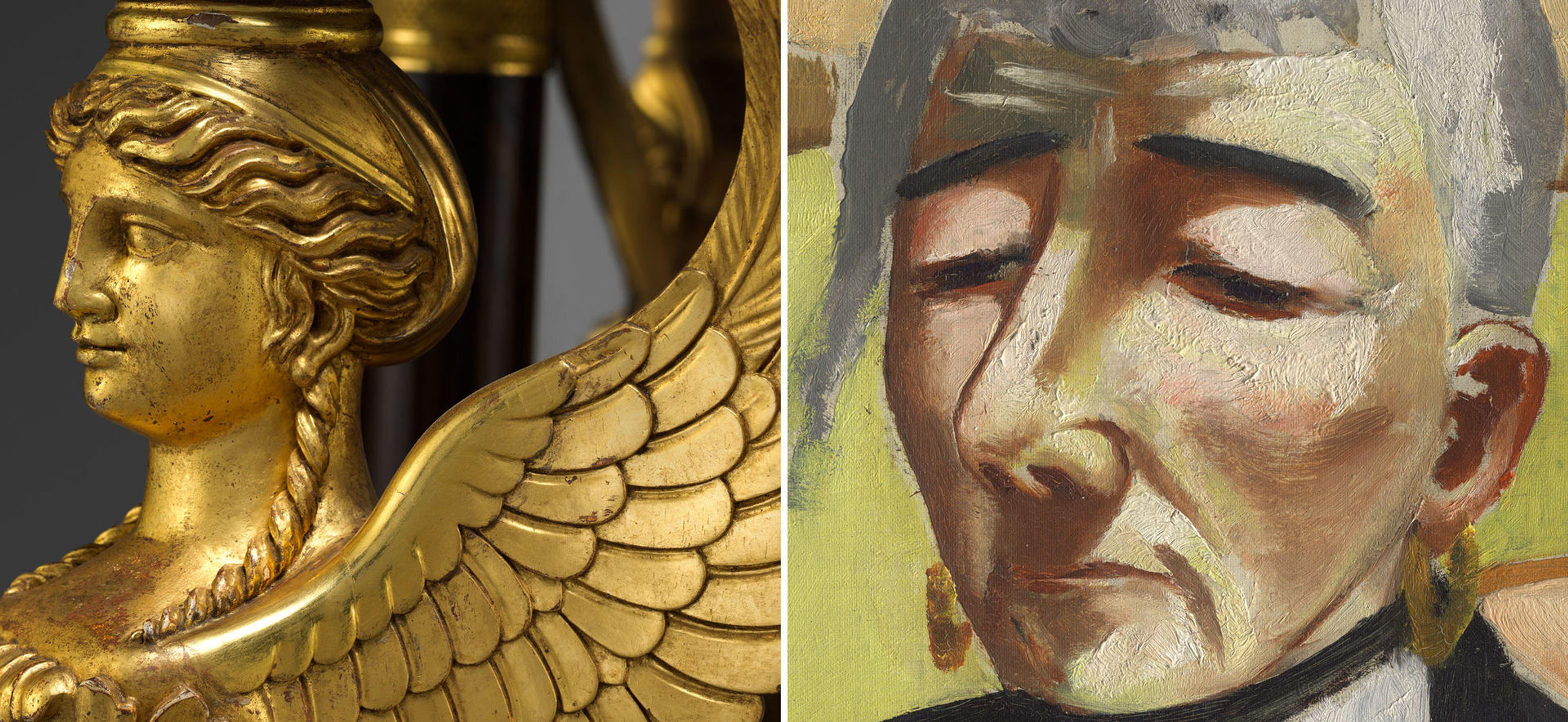 Details of Max Beckmann's painting "The Old Actress" and a winged gilded caryatid from a pier table by Charles-Honoré Lannuier