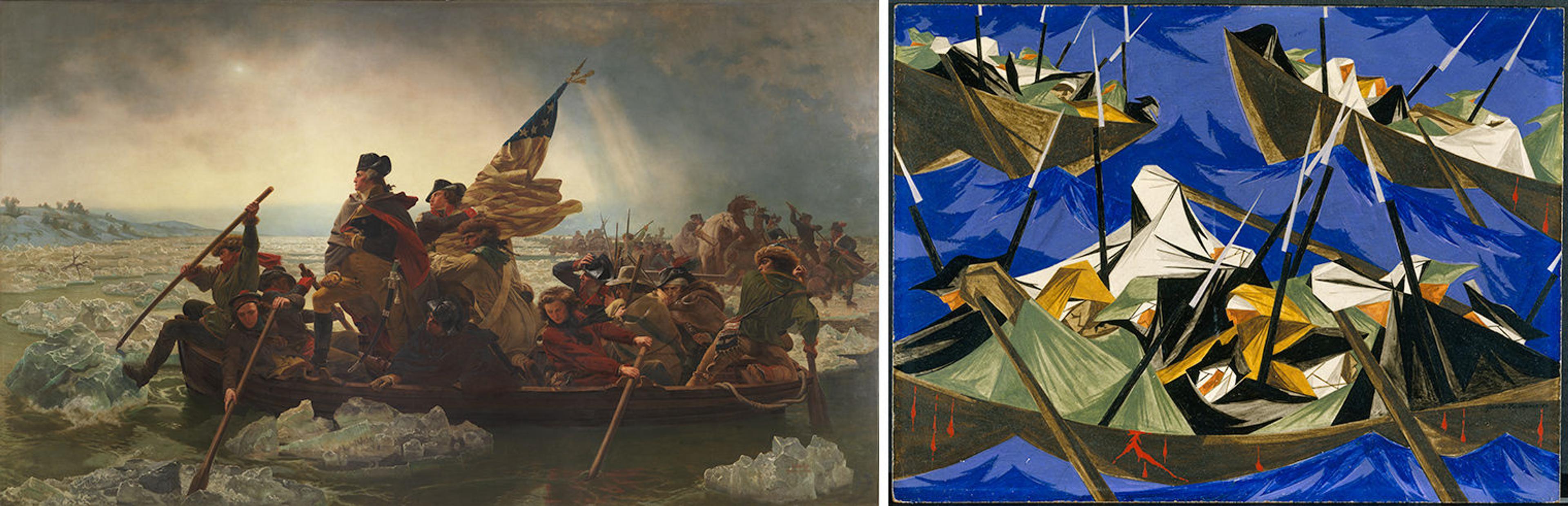 A side-by-side comparison of a painting by Emanuel Leutze (left) and one by Jacob Lawrence (right), both which depict event surrounding George Washington's troops crossing the Delaware river during the American Revolution.