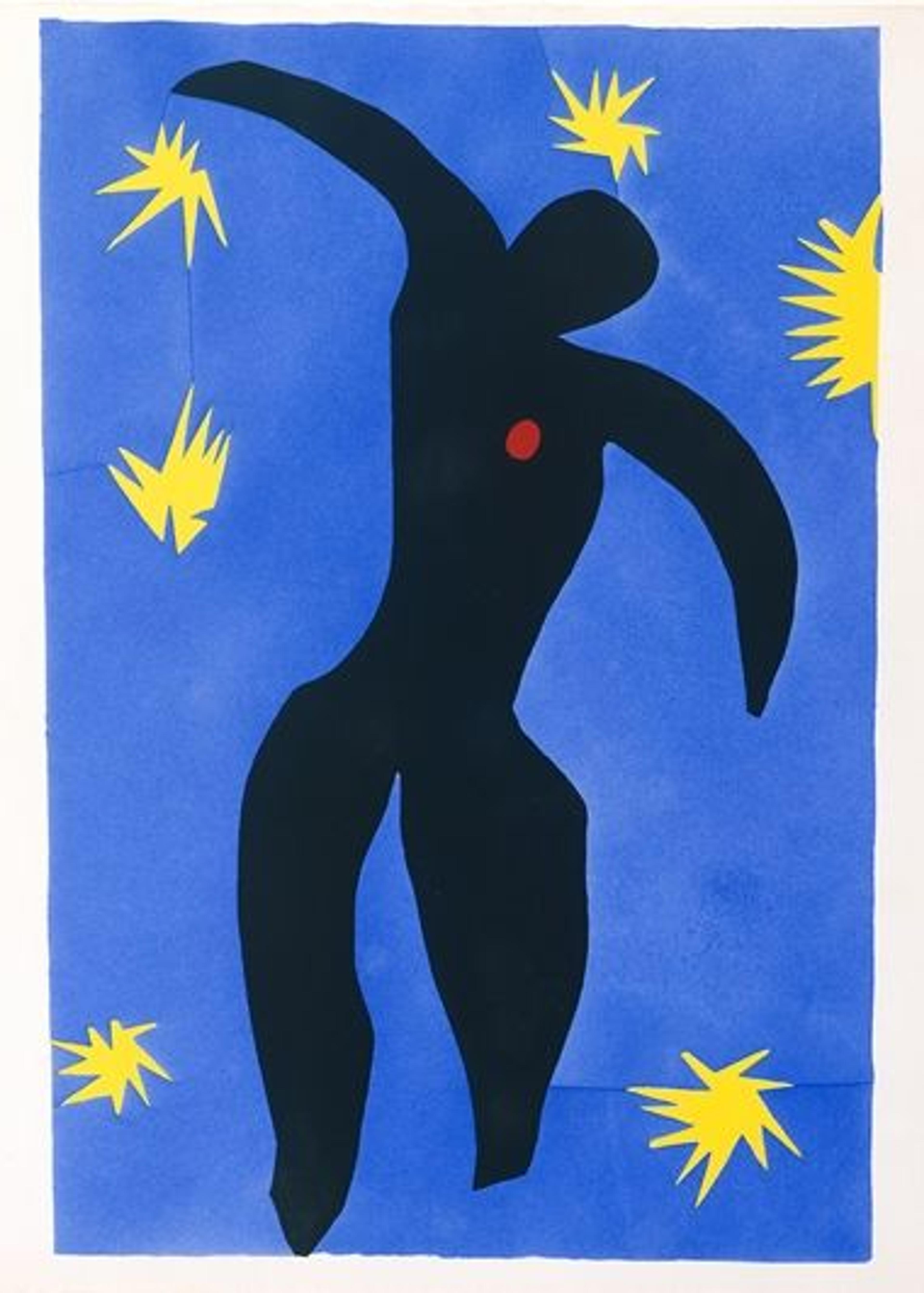 A colorful collage of a figure floating in a blue sky surrounded by stars, with a red dot on its chest