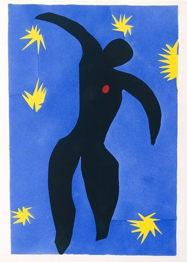 A colorful collage of a figure floating in a blue sky surrounded by stars, with a red dot on its chest