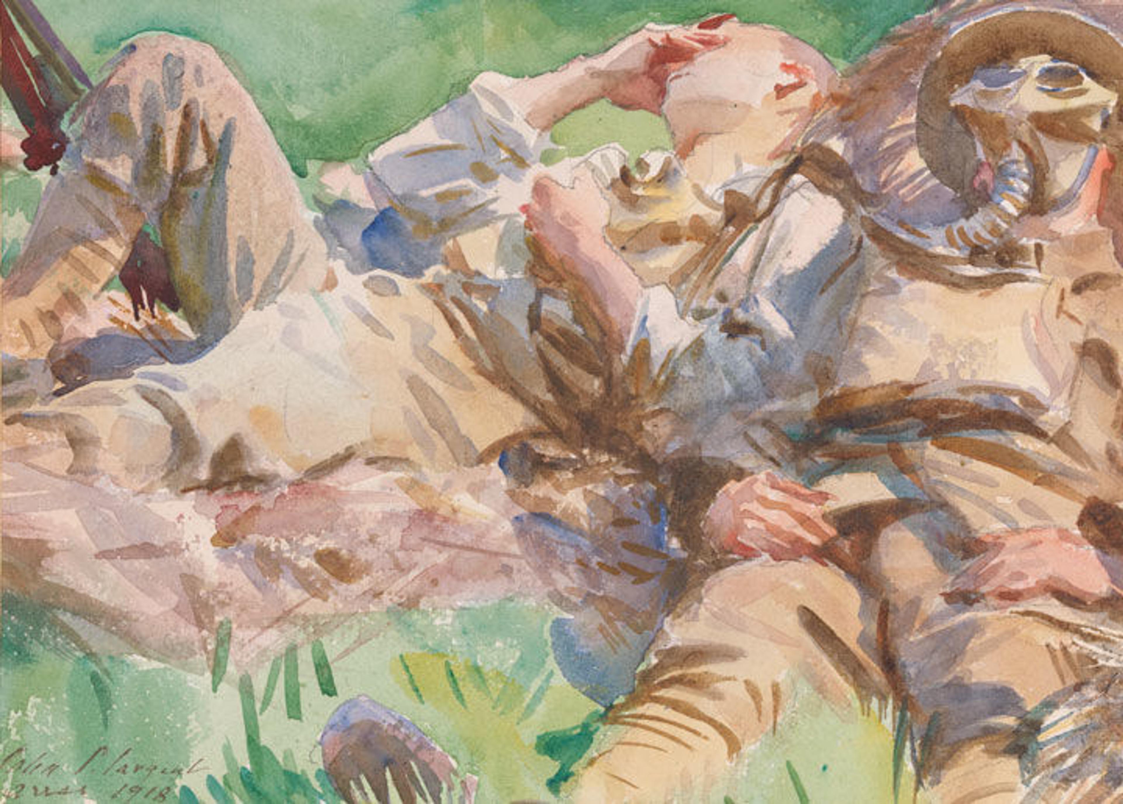 'Two Soldiers at Arras' by John Singer Sargent, a watercolor depicting two male soldiers lying on a bed of grass, one wearing a gas mask