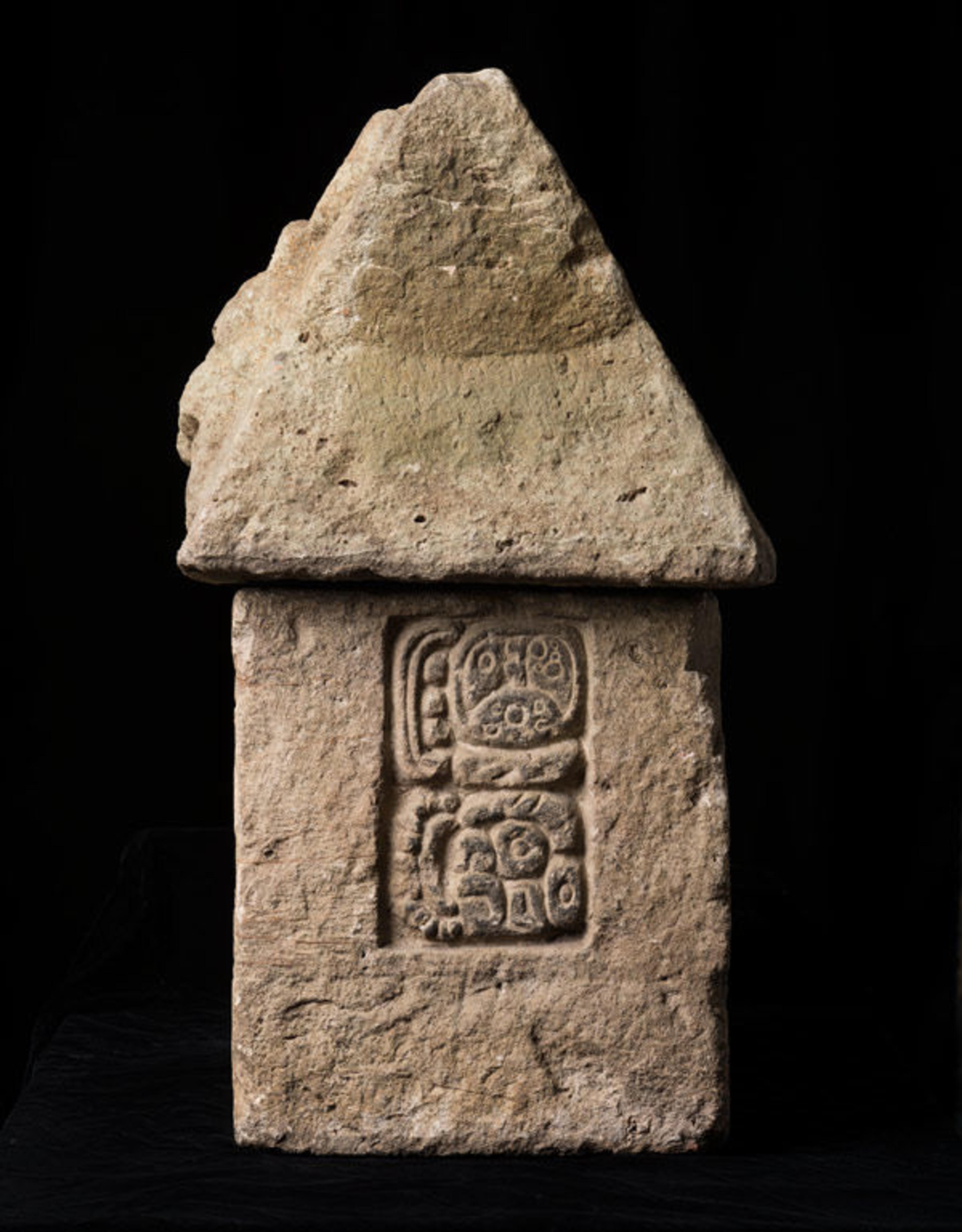 House form, A.D. 550–900. Honduras, Copan. Maya. Stone (Rhyolite); Height: 15 3/4 in. (40 cm), Width: 14 9/16 in. (37 cm). Peabody Museum of Archaeology and Ethnology, Harvard University, Cambridge (92-49-20/C20, C21)