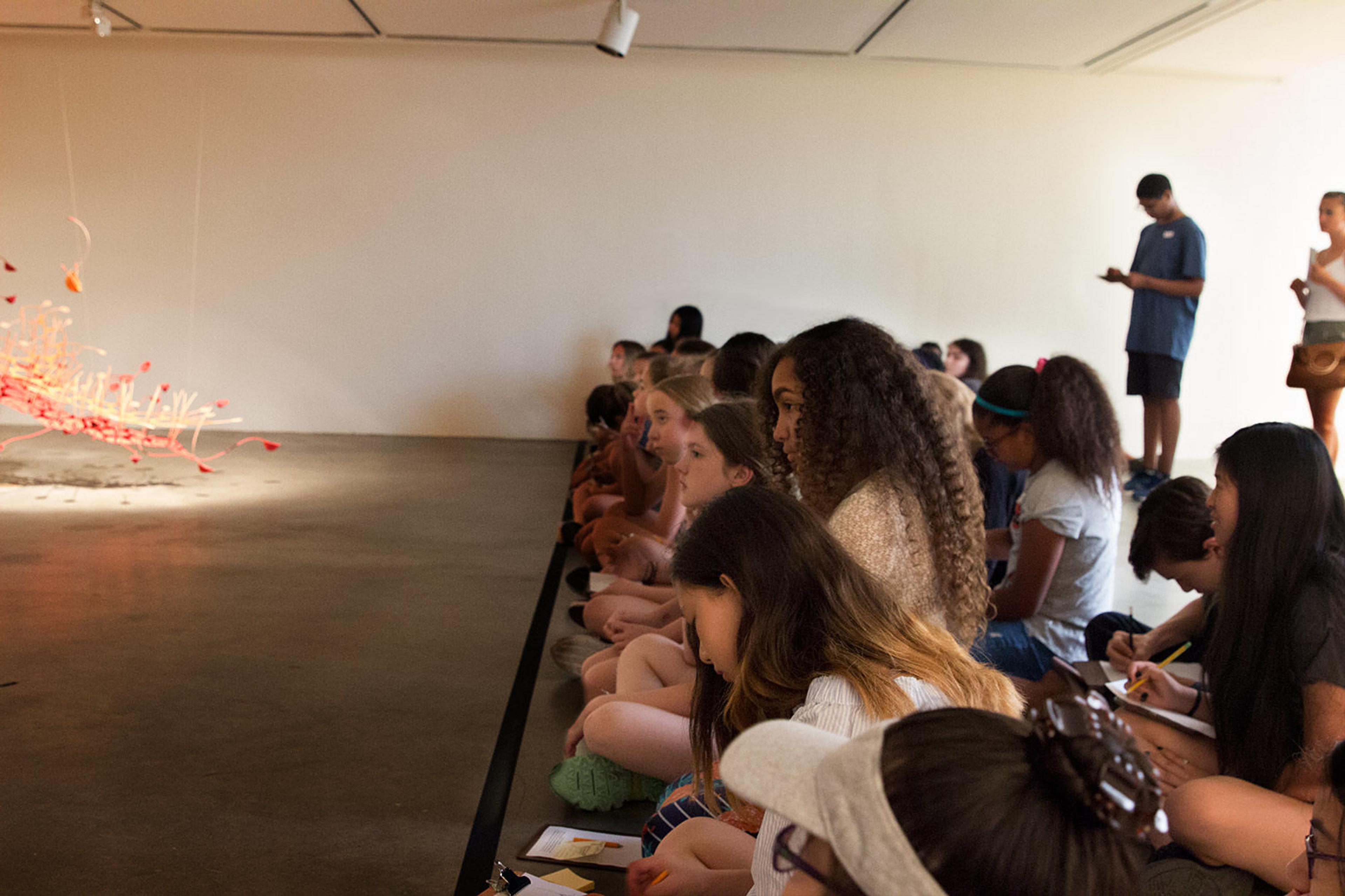 Kids and teens look at Seven ponds and a few raindrops by Ranjani Shettar in the galleries.