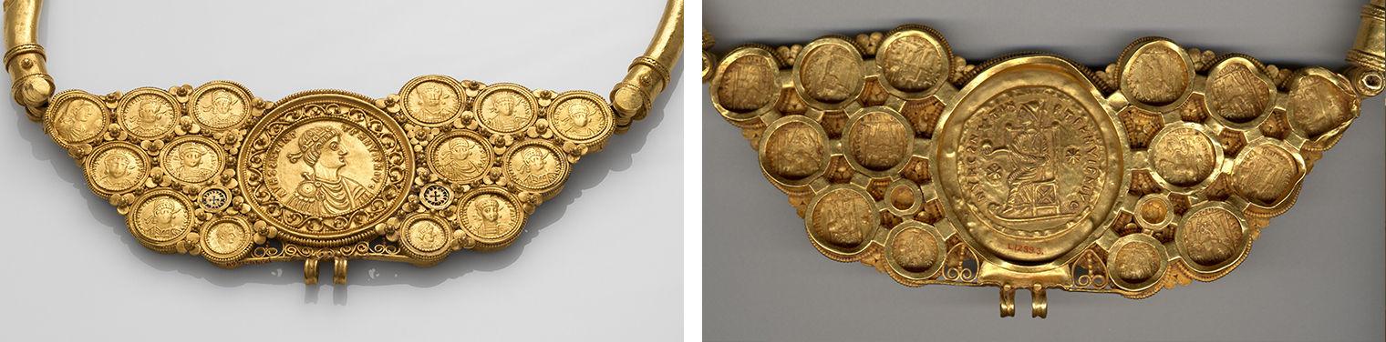 The front and back of a a gold pectoral with coins and a pseudo-medallion that holds fourteen gold coins and two gold discs that are linked together and held by a large gold tube surrounding it.
