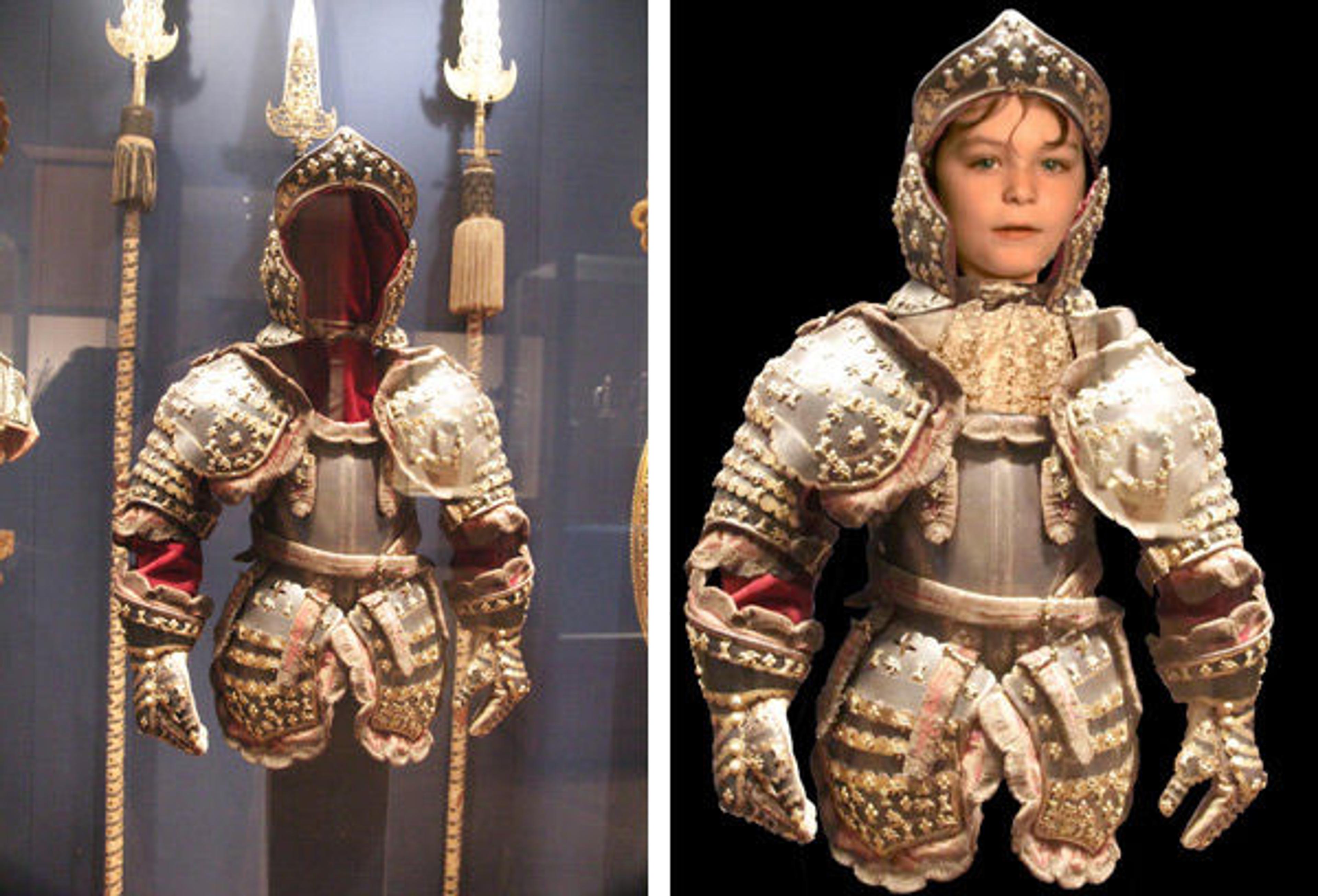 The trigger image and an aura image from the short film created to accompany the armor. Armor of Infante Luis, Prince of Asturias (1707–1724), French 1712. Steel, blued and gilt; gilt brass, silk, cotton, metallic yarn, paper; H. overall 28 in. (71.12 cm). The Metropolitan Museum of Art, New York, Purchase, Armand Hammer, Occidental Petroleum Corporation Gift, 1989
