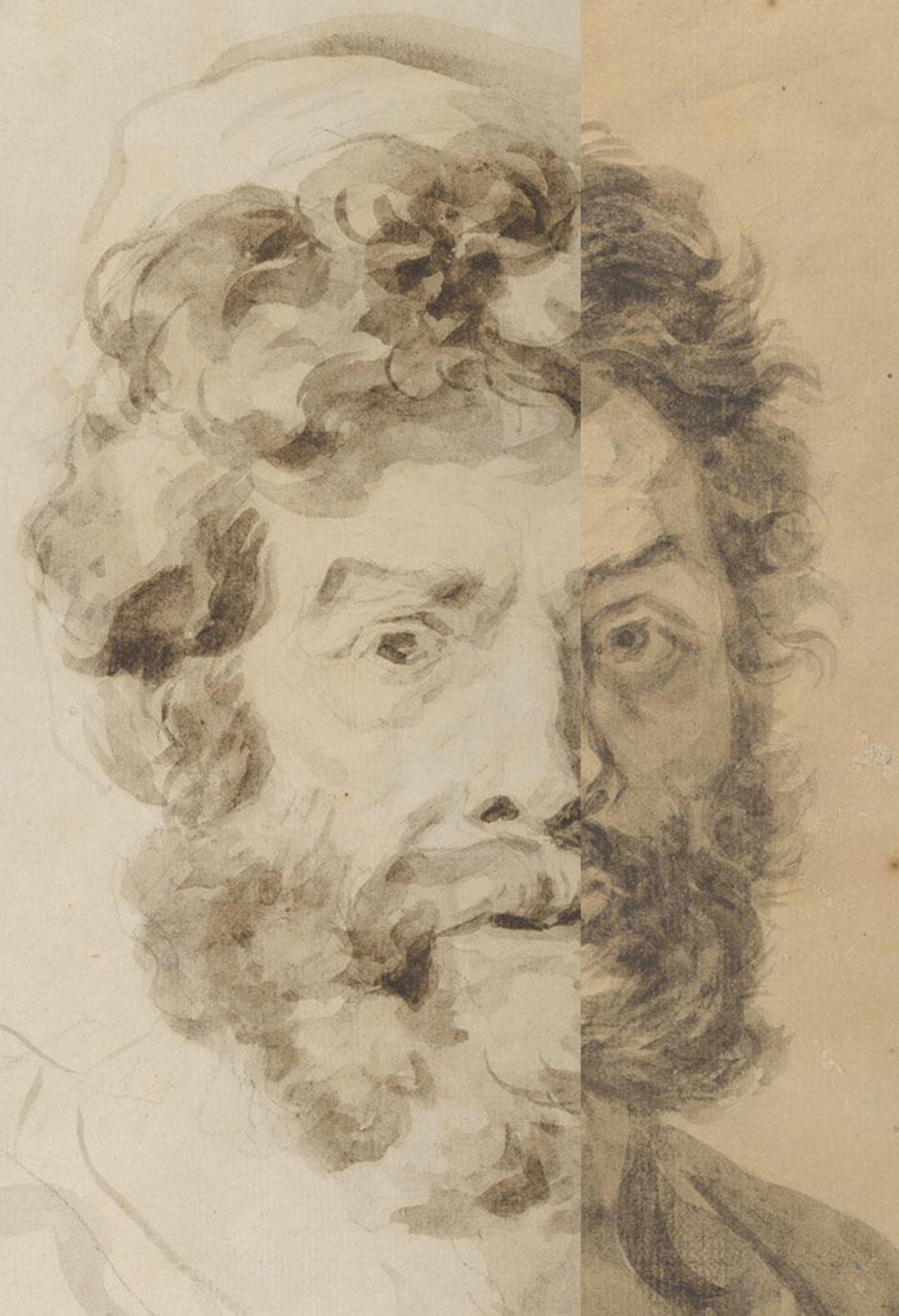 A partial overlay of two drawings by Fragonard that each depict a similar-looking bearded man