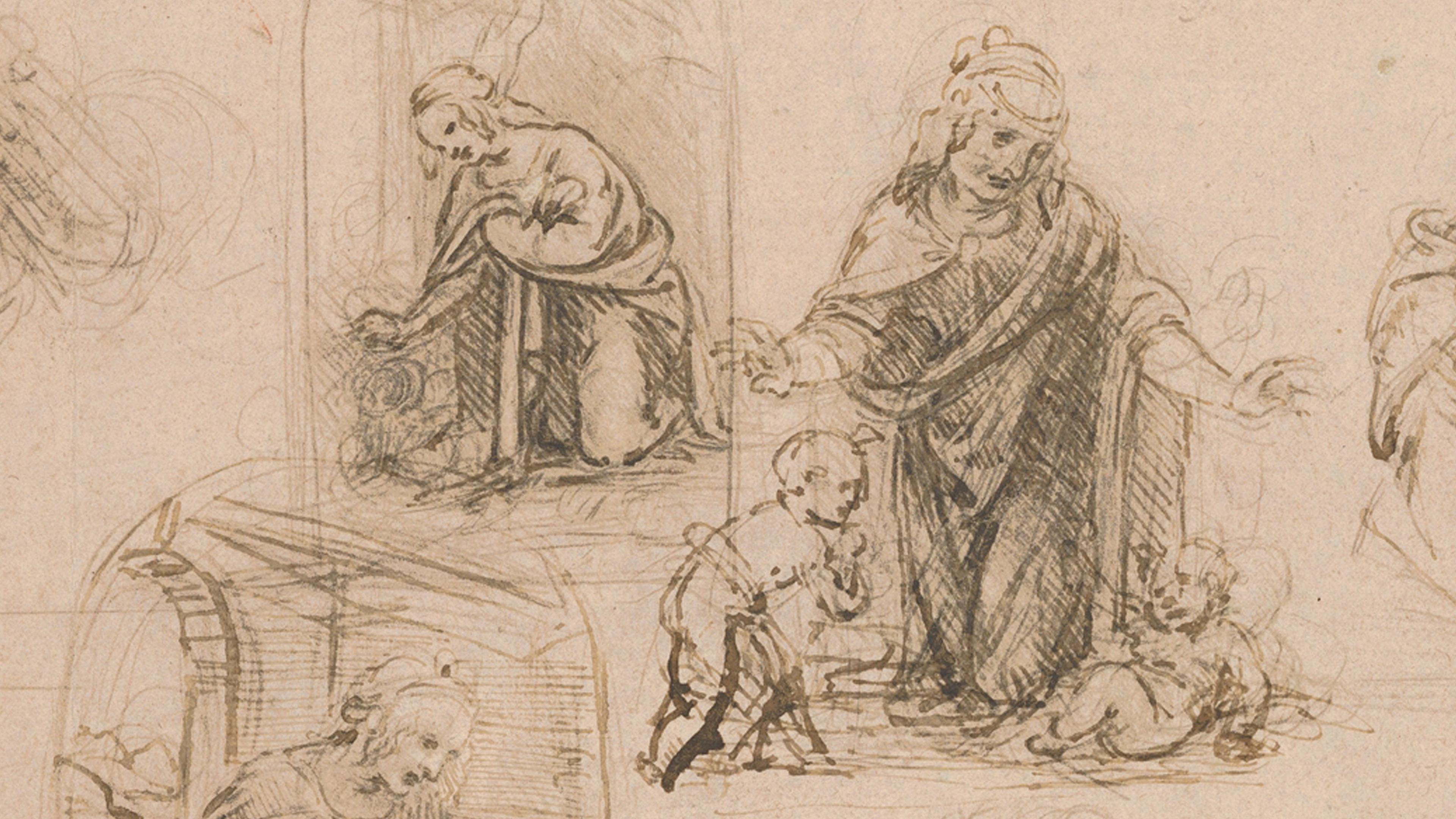 Detail of a compositional sketch of the "Virgin Adoring the Christ Child" by Leonardo da Vinci.