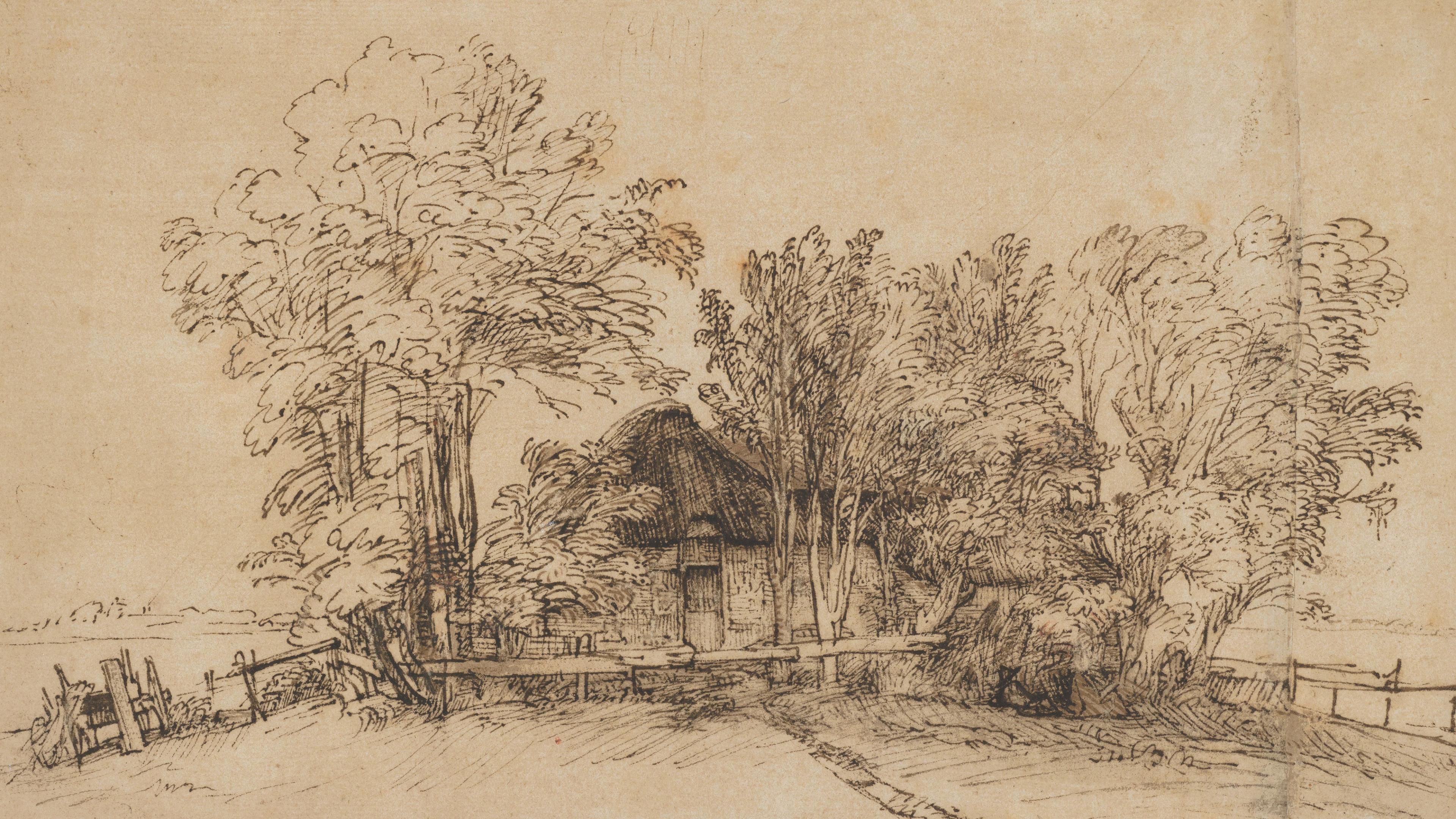 A detailed line drawing of a thatched-roof cottage surrounded by trees and farmland.
