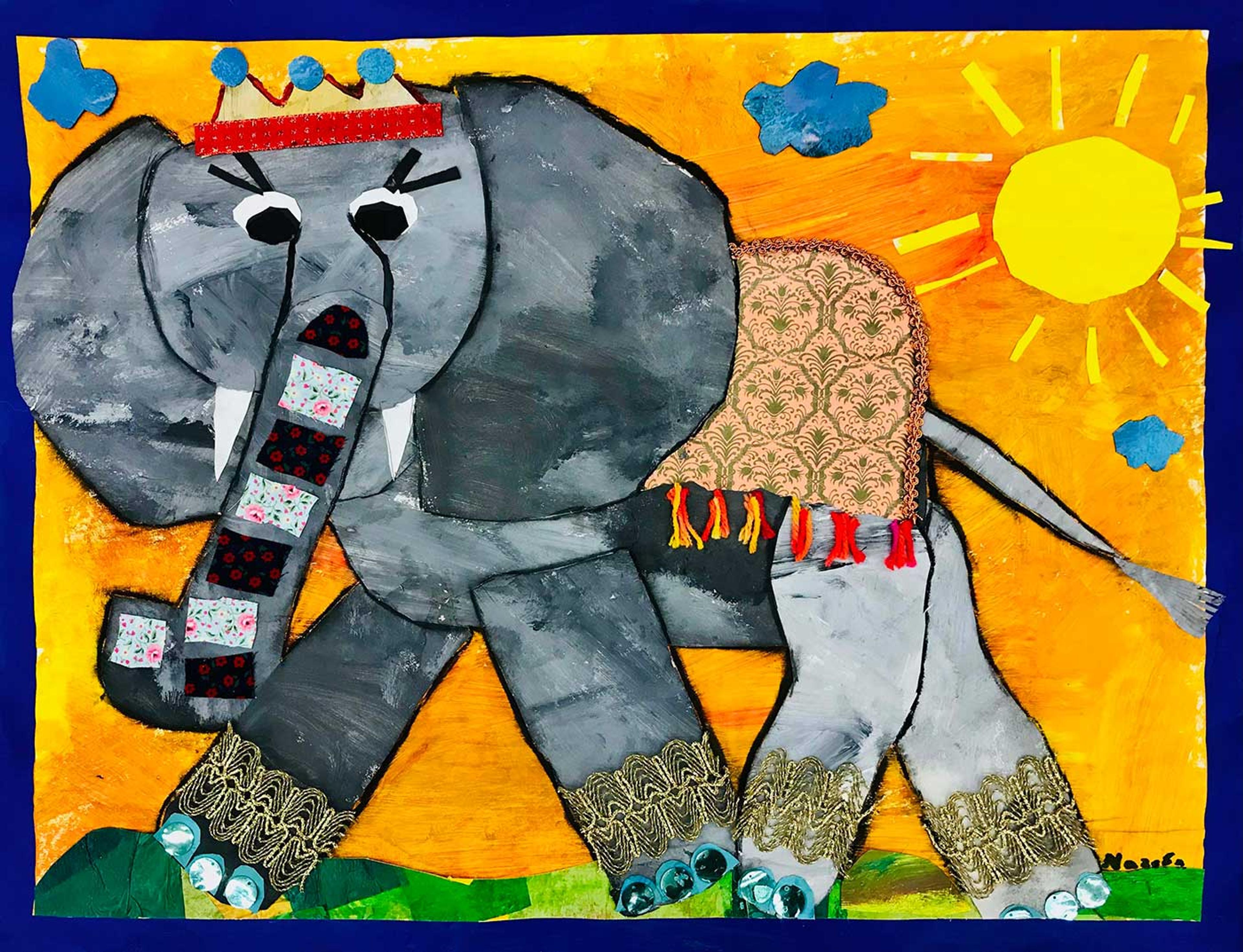 Collage of an elephant walking across a yellow background with a sun in the corner.