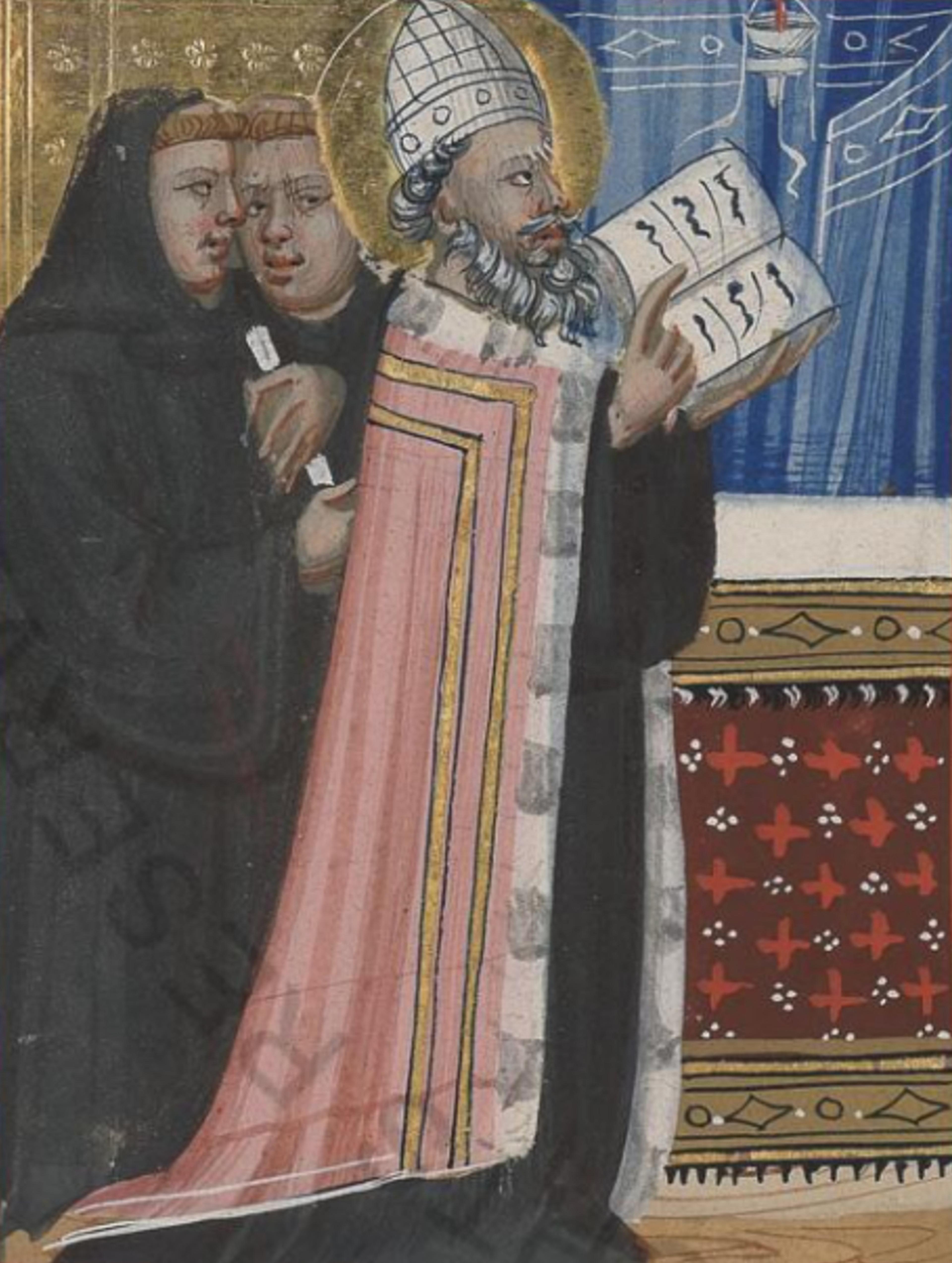 A paintings of a bearded man wearing a pink and gold cope and a miter holding a book. Two monks in black habits whisper behind him.