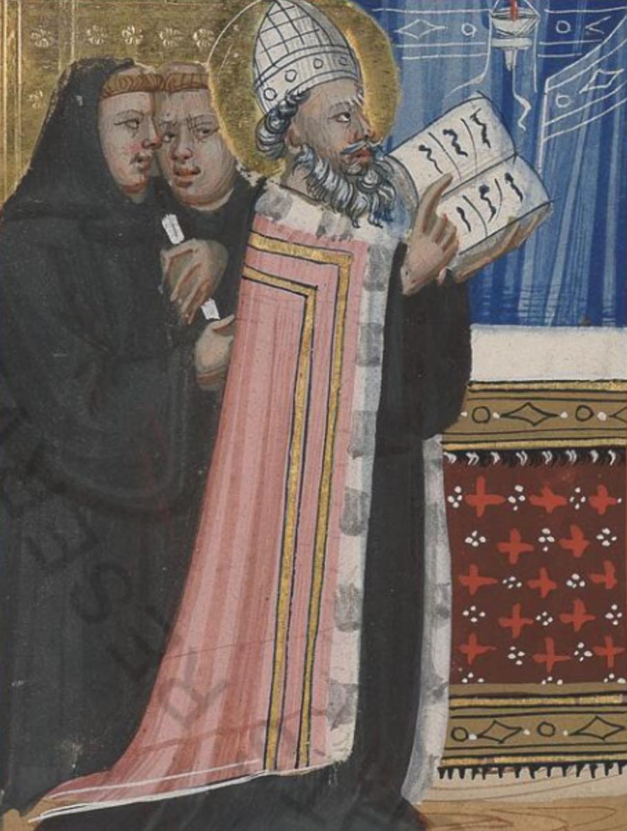 A paintings of a bearded man wearing a pink and gold cope and a miter holding a book. Two monks in black habits whisper behind him.