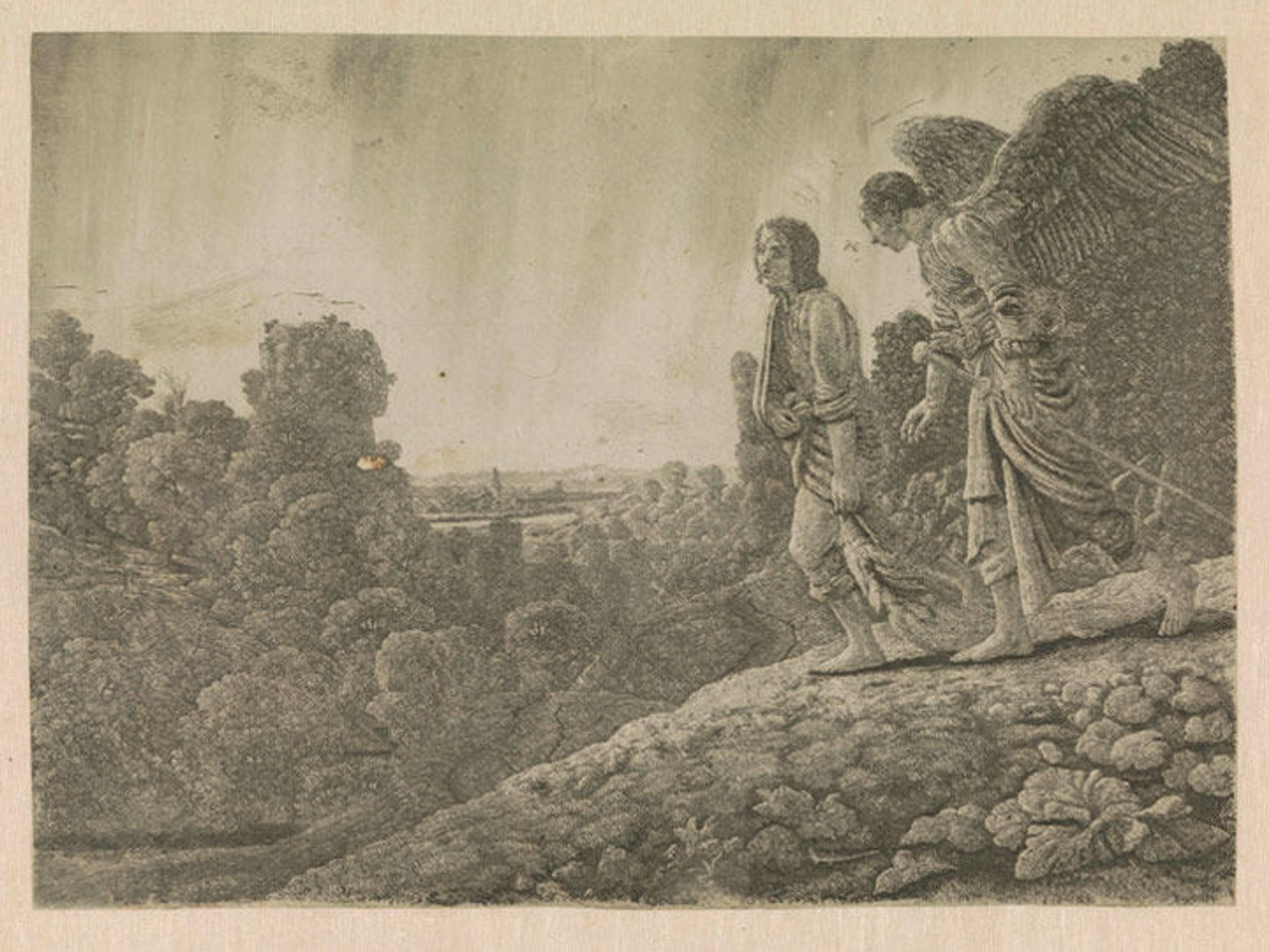 Dutch etching depicting the biblical figure Tobias walking with an angel across a vast landscape