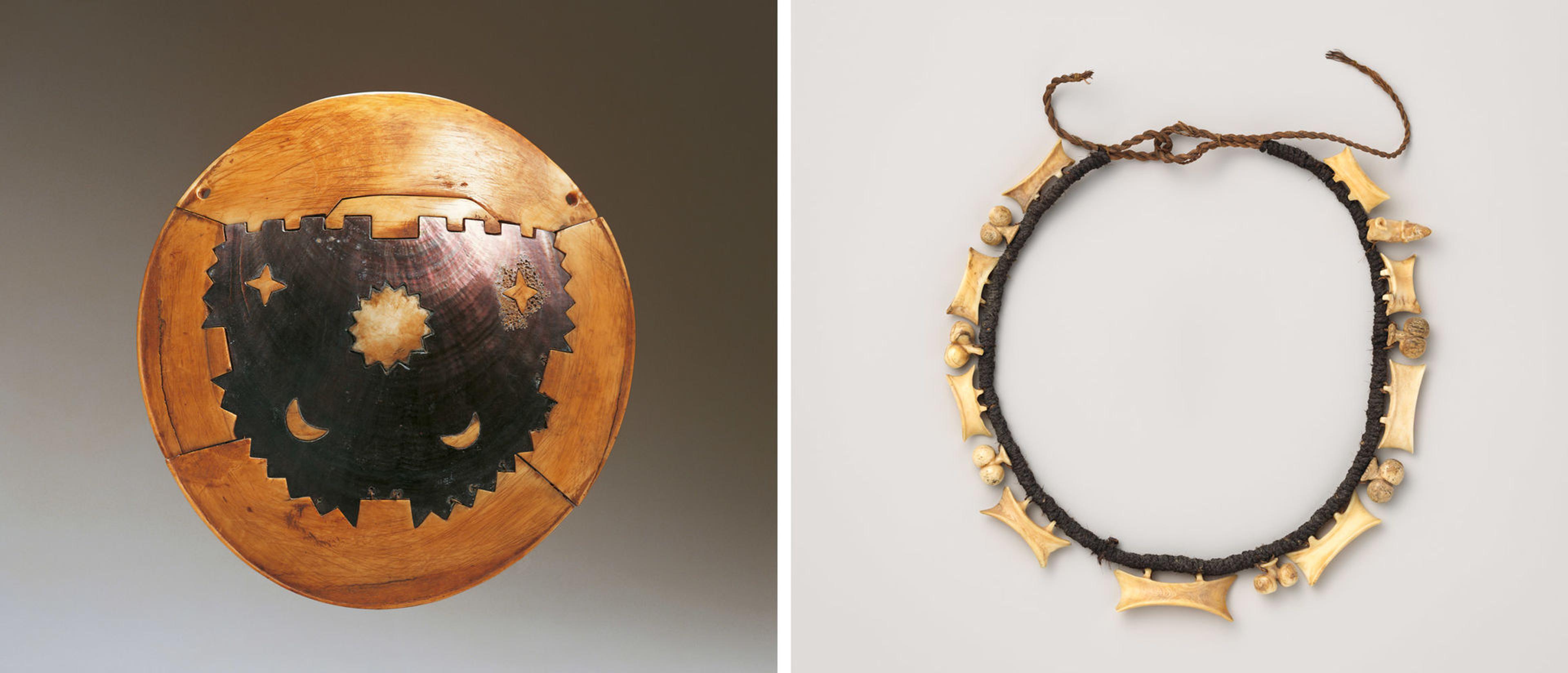 At left, a breastplate from Fiji made of black pearl shell and whale ivory. At right, an ornate necklace from the Austral Islands made of whalebone and ivory