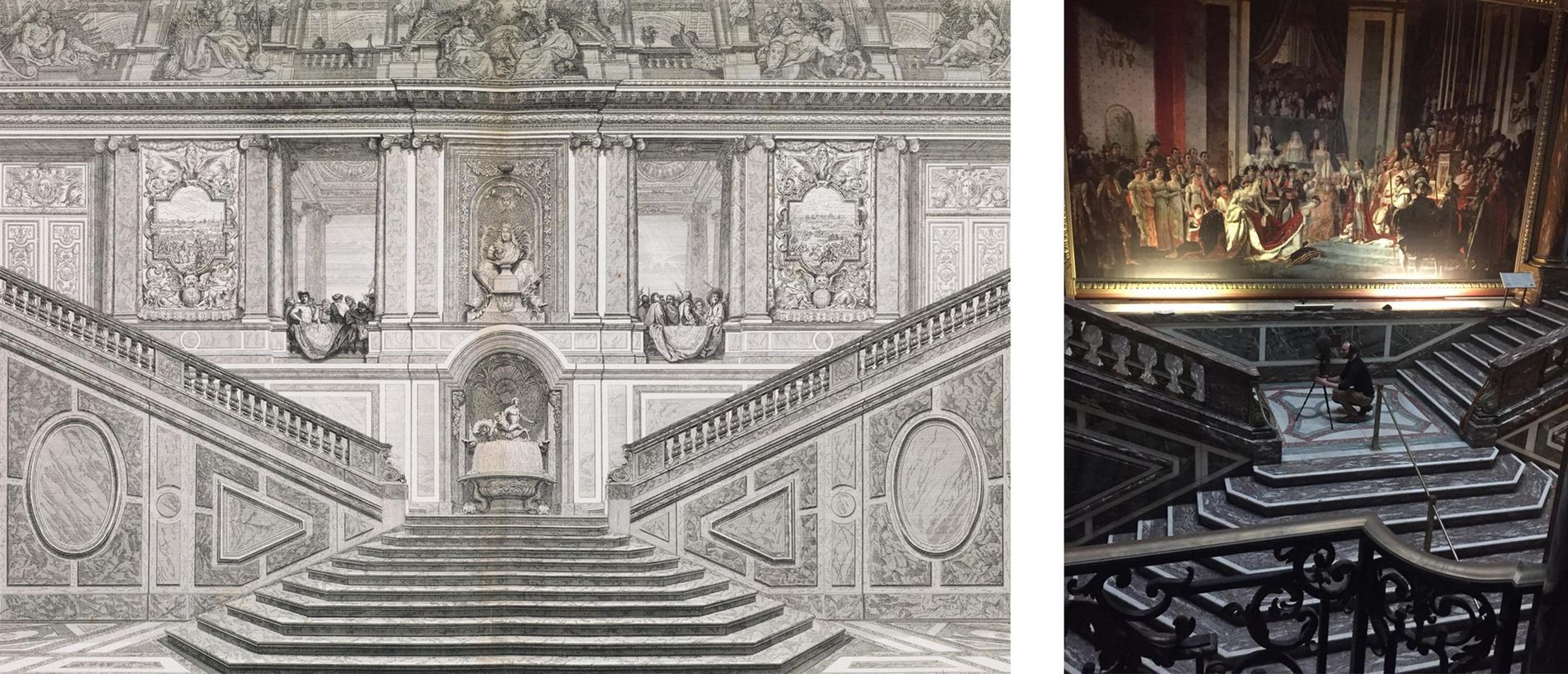 The Ambassadors' Staircase no longer exists at Versailles, but it lives on at Oldway. We remain indebted to the local Torbay Council, which now owns the estate. At right, Chris Timpson sets up the binaural head on the landing of Oldway's Hall of Mirrors. Photo by Nina Diamond. Left: "View of the Ambassadors' Staircase" (detail), plate 6 from Le Grand Escalier du Château du Versailles (Paris: Louis Surugue, 1725). The Metropolitan Museum of Art, New York, Purchase, Rogers Fund, 1918, transferred from the Library (1911.1073.55)