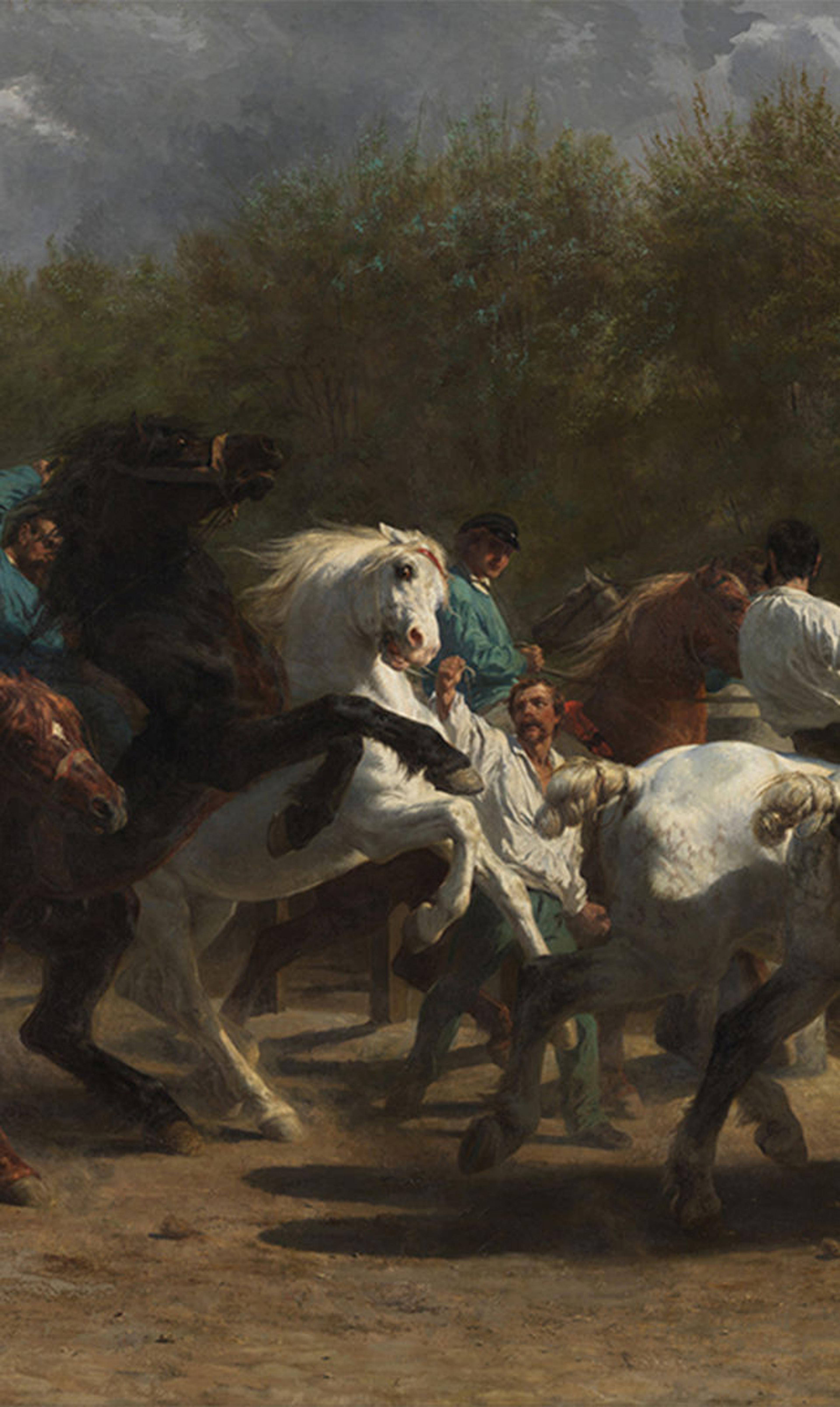 Detail of Rosa Bonheur’s painting titled “The Horse Fair” featuring a group of lively horses at an outdoor market in Paris.